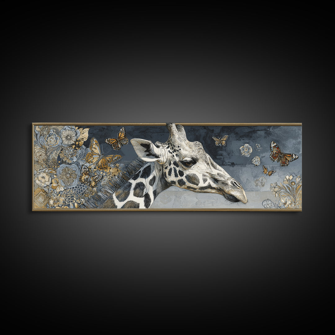 Giraffe with Scarf and Butterflies Framed Canvas Print, Whimsical Art, Original Art, Living Room Decor, Fine Art, Wonder, WHI-3x1-2