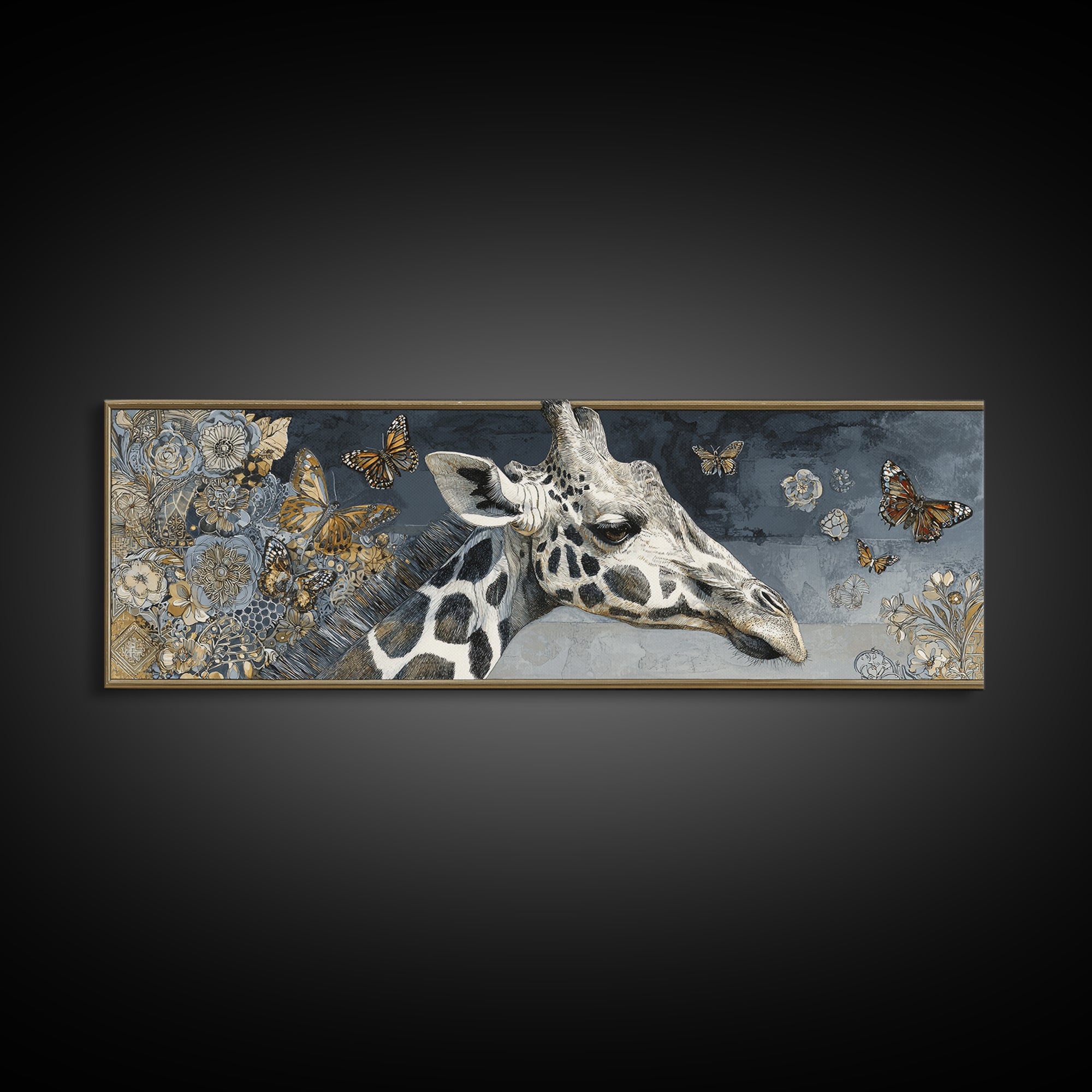 Giraffe with Scarf and Butterflies Framed Canvas Print, Whimsical Art, Original Art, Living Room Decor, Fine Art, Wonder, WHI-3x1-2