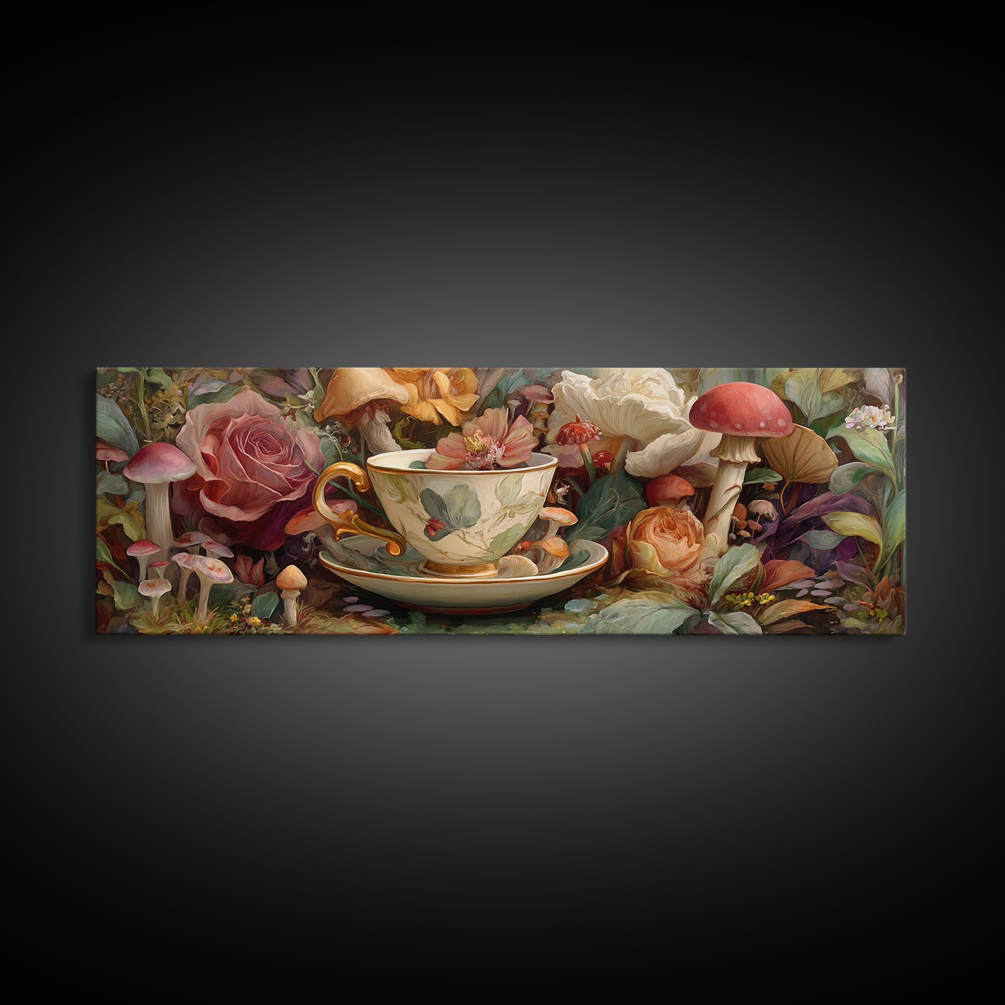Teacup Garden with Tiny Mushrooms Canvas Print, Whimsical Art, Nursery Art, Living Room Decor, Oil Painting, Wonder, WHI-3x1-20