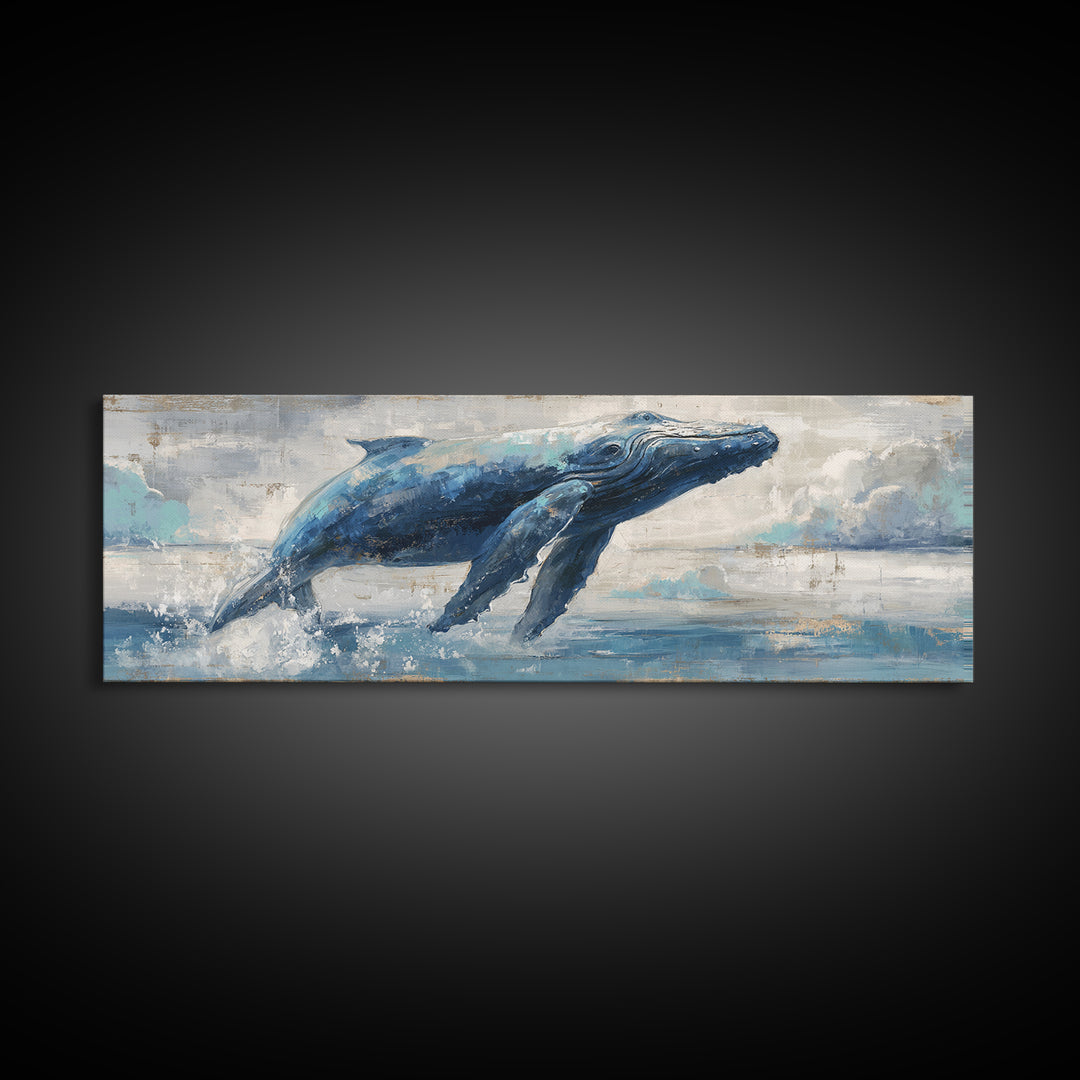 Whale Flying Through Clouds Like Ocean Canvas Print, Whimsical Art, Dopamine Decor, Living Room Decor, Fine Art, Wonder, WHI-3x1-29