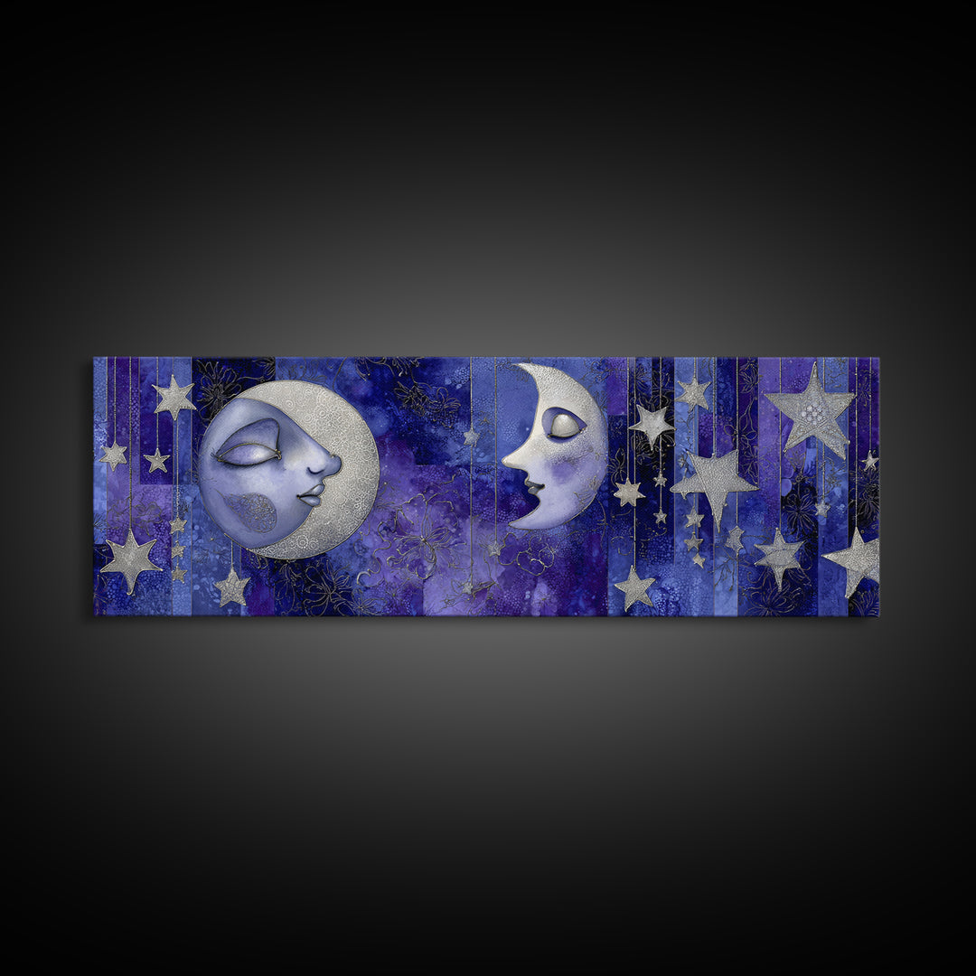 Moon with Sleeping Face and Dangling Stars Framed Canvas Print, Whimsical Art, Watercolor Art, Living Room Decor, Wonder, WHI-3x1-32