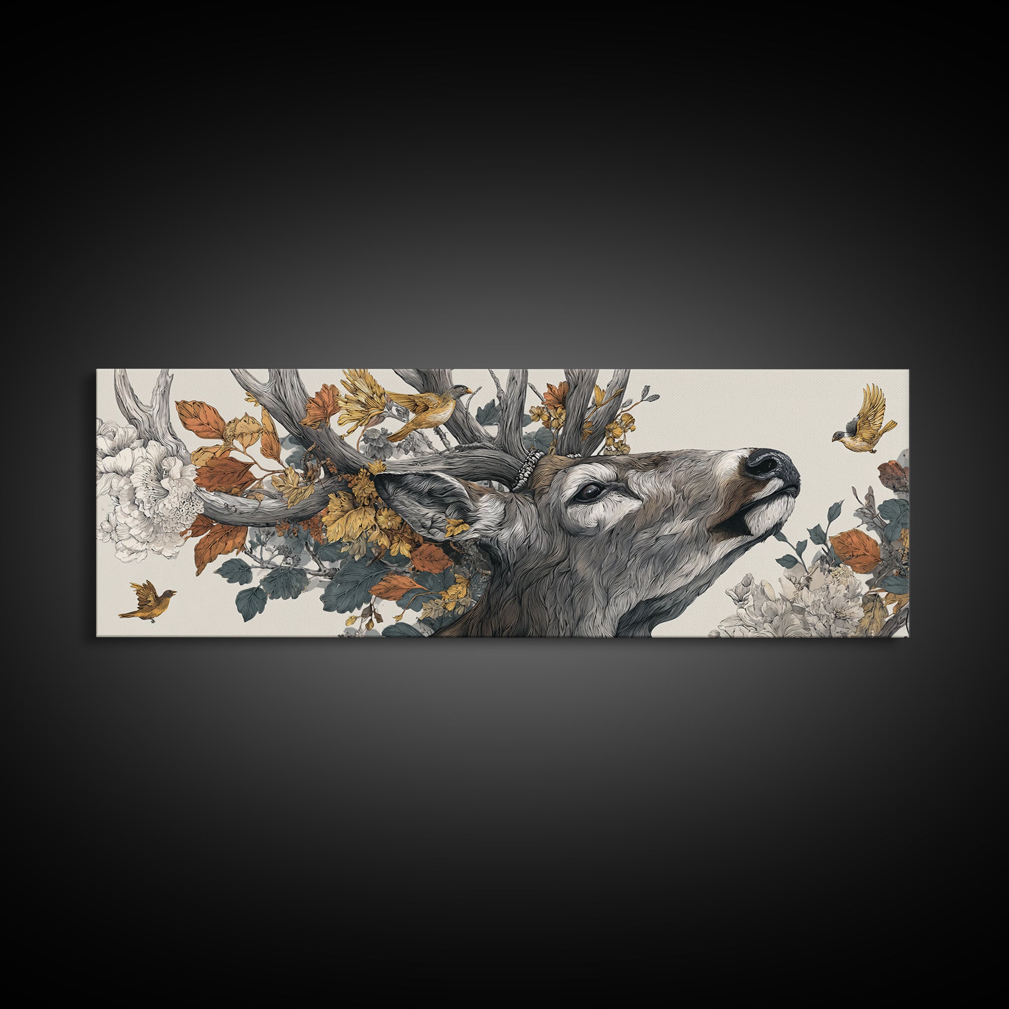 Deer with Antlers Full of Birds Canvas Print, Whimsical Art, Minimalist Decor, Living Room Decor, Wonder, Nursery Wall Art, WHI-3x1-35