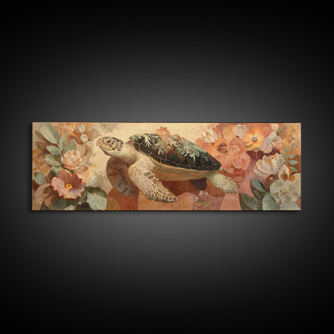 Turtle with Garden Growing on Shell Canvas Print, Whimsical Art, Framed Wall Art, Living Room Decor, Oil Painting, Wonder, WHI-3x1-38