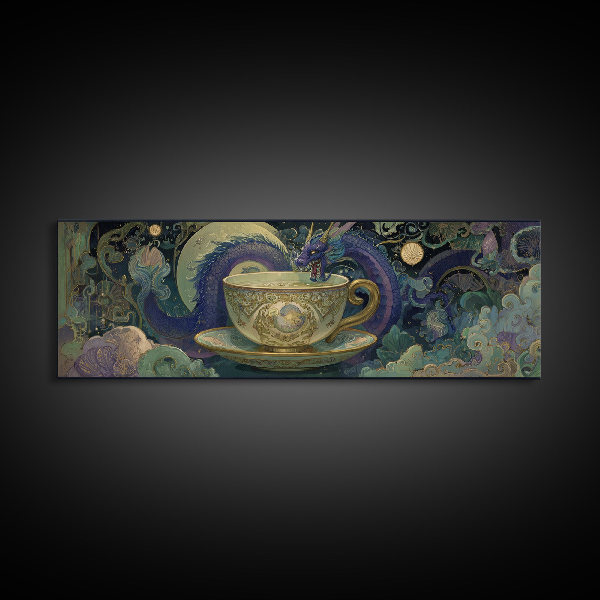 Dragon Curled Around a Teacup Canvas Print, Whimsical Art, Neutral Decor, Living Room Decor, Fine Art, Wonder, Home Decor, WHI-3x1-40
