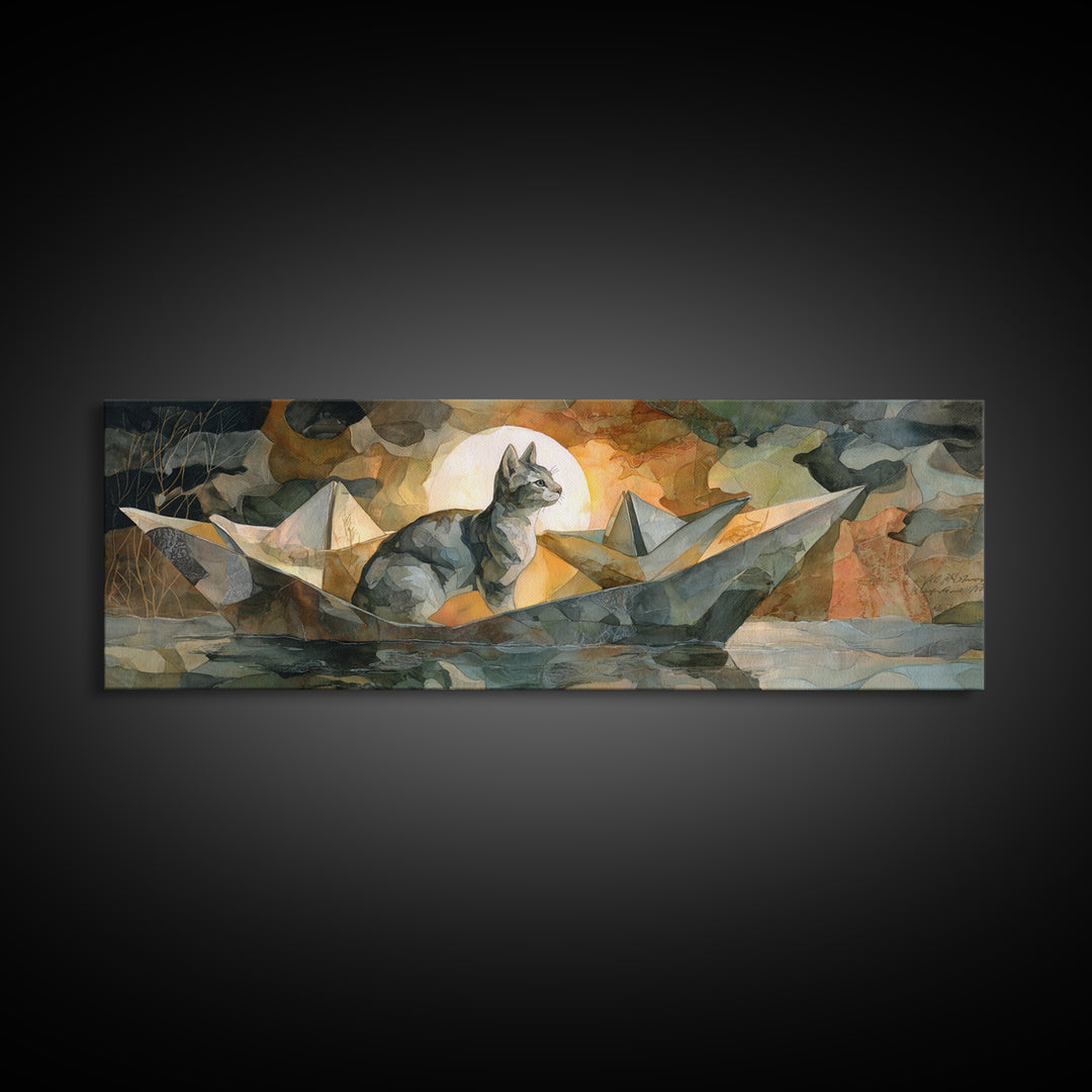 Cat Sailing a Paper Boat Canvas Print, Whimsical Art, Abstract Wall Art, Living Room Decor, Fine Art, Wonder, Neutral Decor, WHI-3x1-42