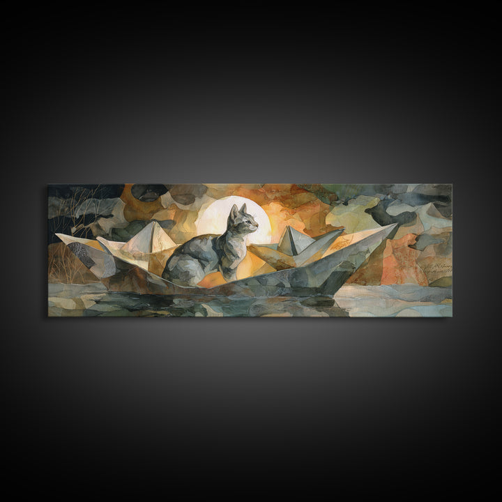Cat Sailing a Paper Boat Canvas Print, Whimsical Art, Abstract Wall Art, Living Room Decor, Fine Art, Wonder, Neutral Decor, WHI-3x1-42