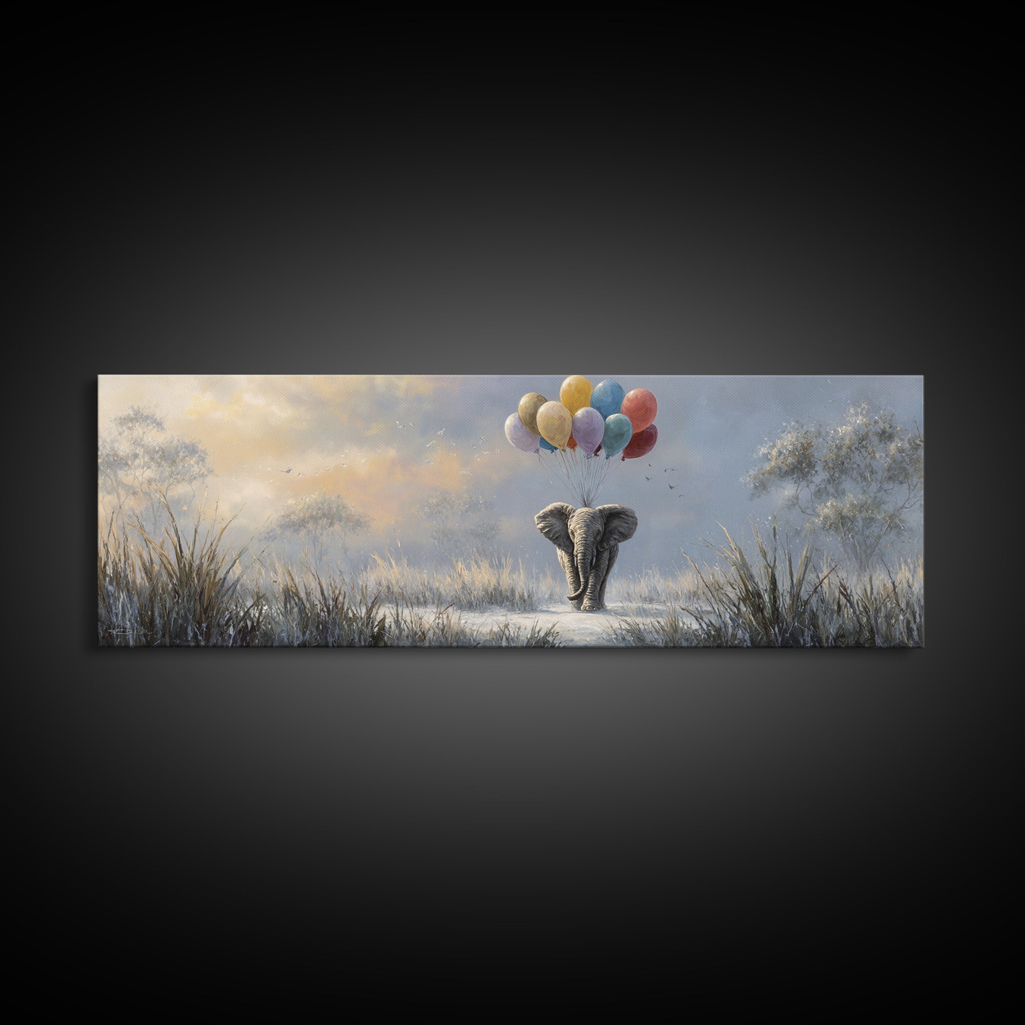 Elephant Holding Balloons Canvas Print, Whimsical Art, Pet Portrait, Living Room Decor, Fine Art, Wonder, Abstract Wall Art, WHI-3x1-43