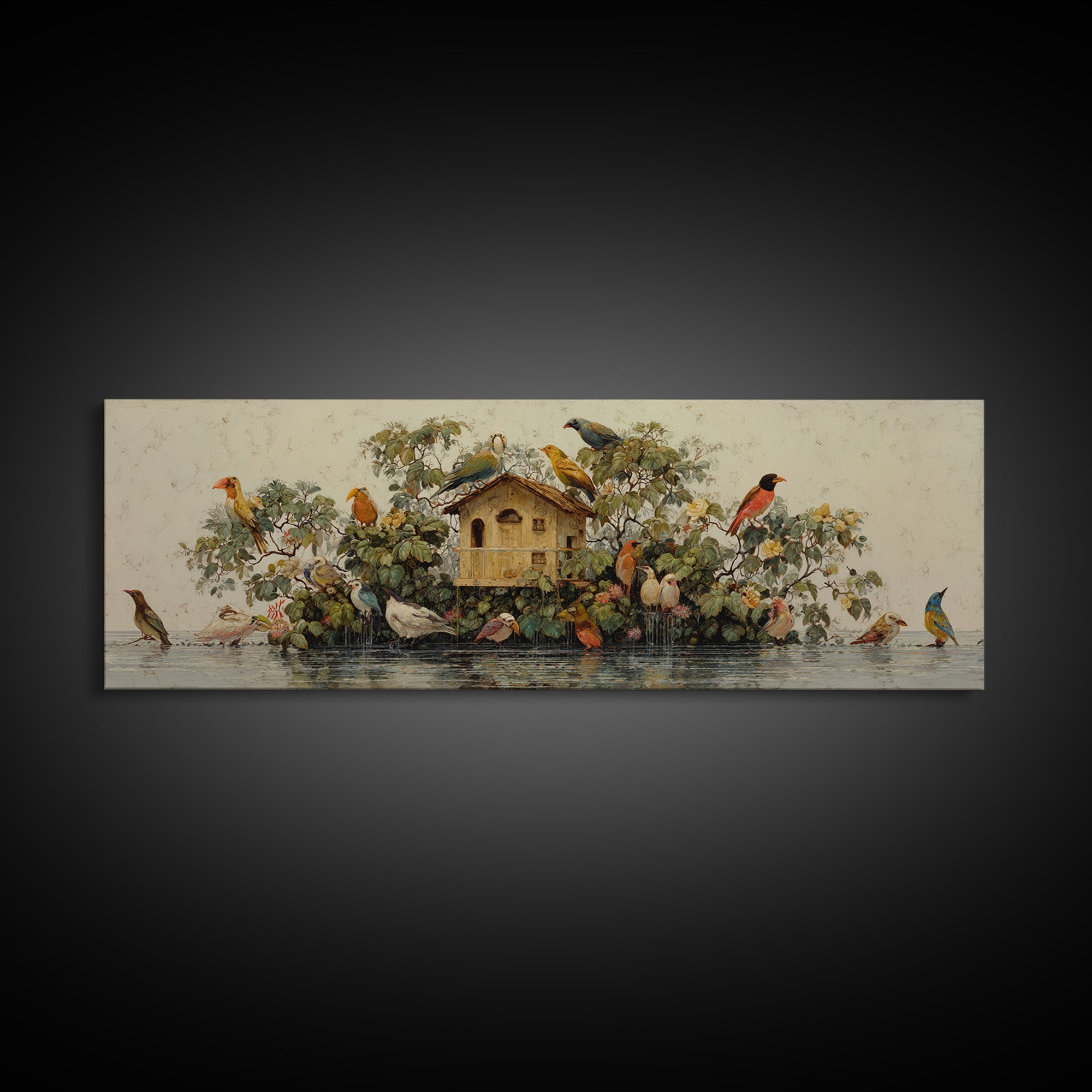 Floating House Carried by Colorful Birds Framed Canvas Print, Whimsical Art, Living Room Decor, Oil Painting, Wonder, WHI-3x1-47