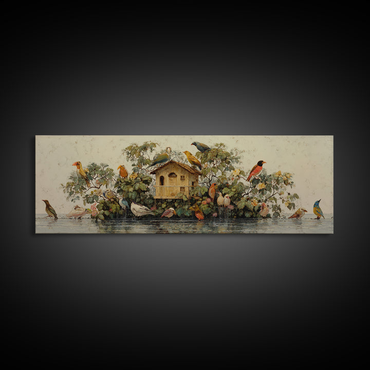 Floating House Carried by Colorful Birds Framed Canvas Print, Whimsical Art, Living Room Decor, Oil Painting, Wonder, WHI-3x1-47