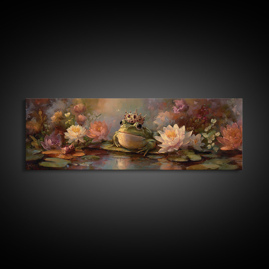 Frog Prince on a Lily Pad Canvas Print, Whimsical Art, Textured Painting, Living Room Decor, Fine Art, Wonder, Nursery Decor, WHI-3x1-48