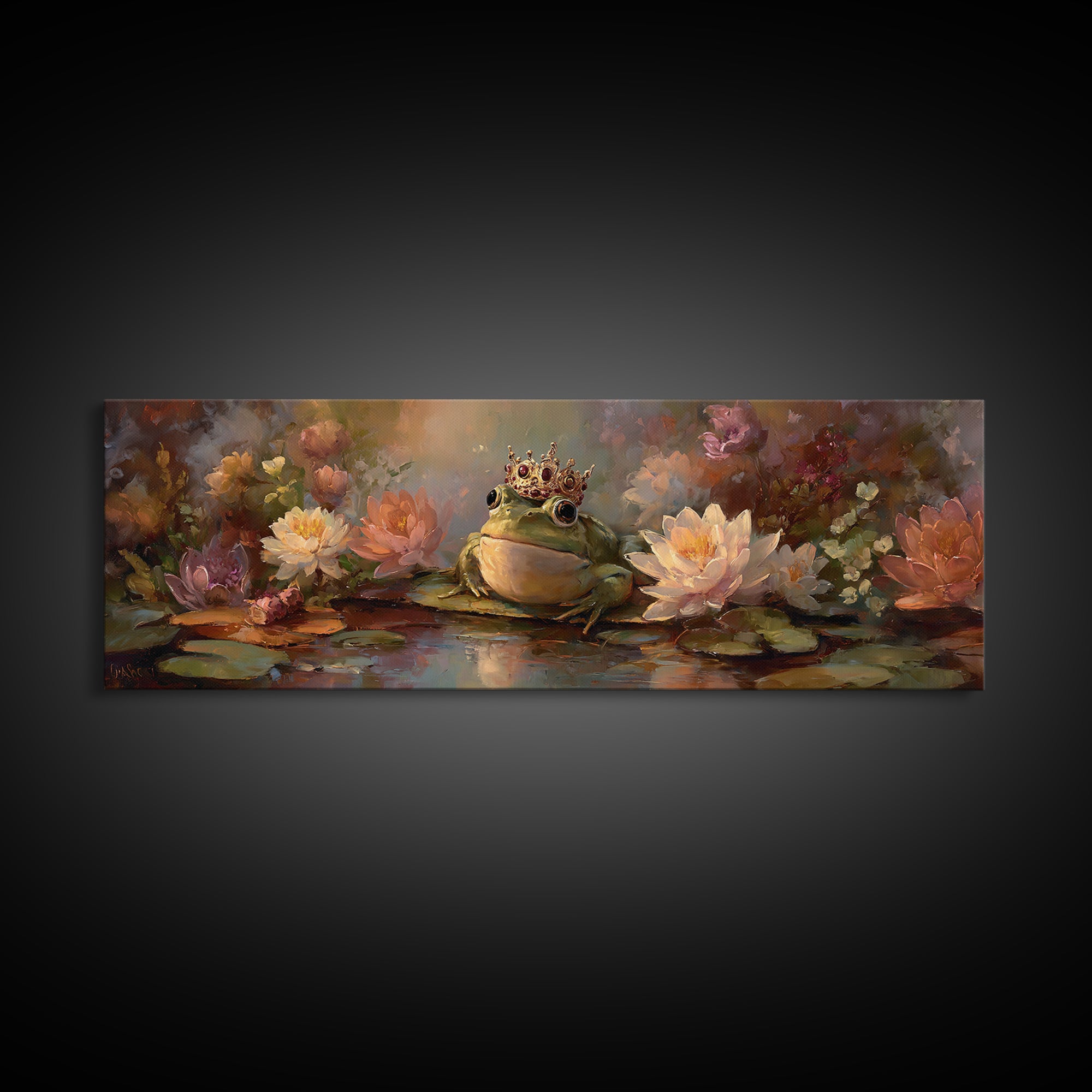 Frog Prince on a Lily Pad Canvas Print, Whimsical Art, Textured Painting, Living Room Decor, Fine Art, Wonder, Nursery Decor, WHI-3x1-48
