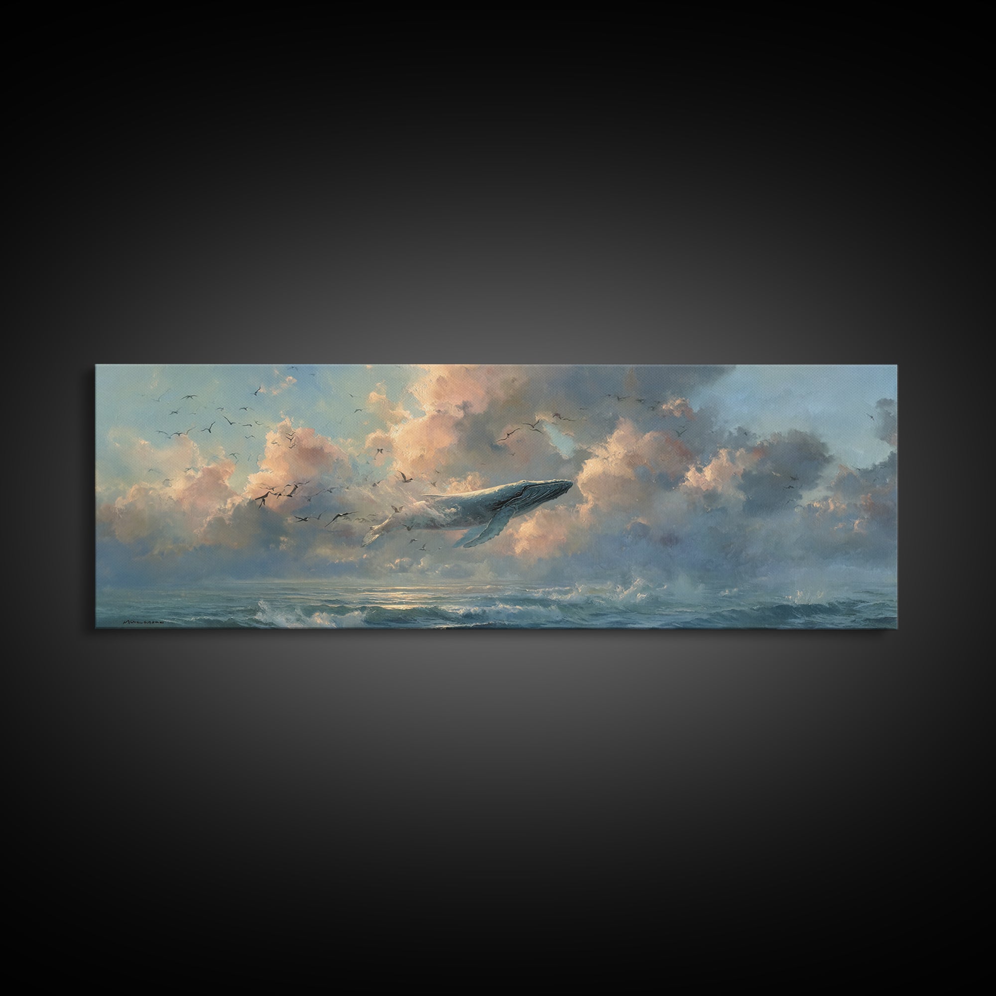 Whale Flying Through Clouds Like Ocean Framed Canvas Print, Whimsical Art, Printable Art, Living Room Decor, Watercolor Art, WHI-3x1-5