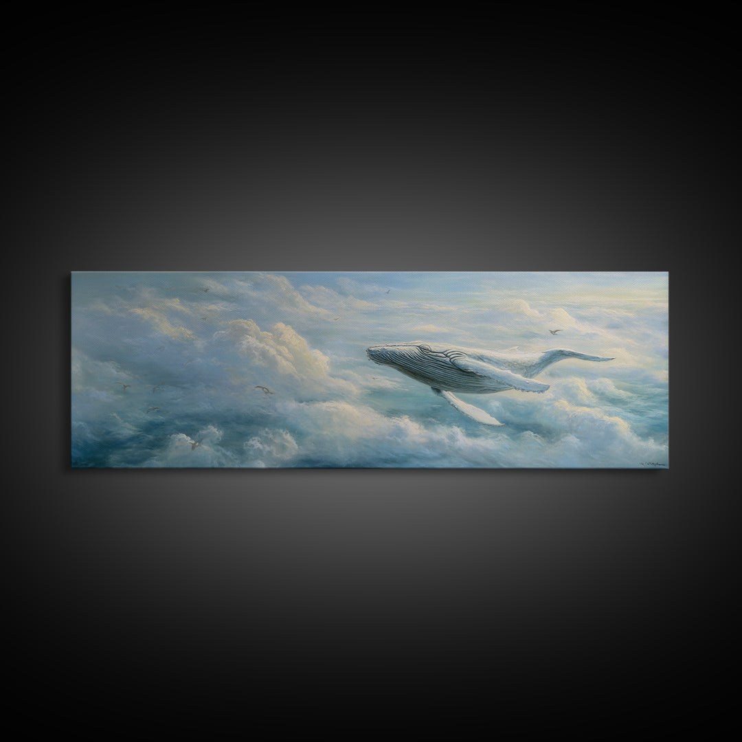 Whale Flying Through Clouds Like Ocean Framed Canvas Print, Whimsical Art, Nursery Art, Living Room Decor, Oil Painting, Wonder, WHI-3x1-53