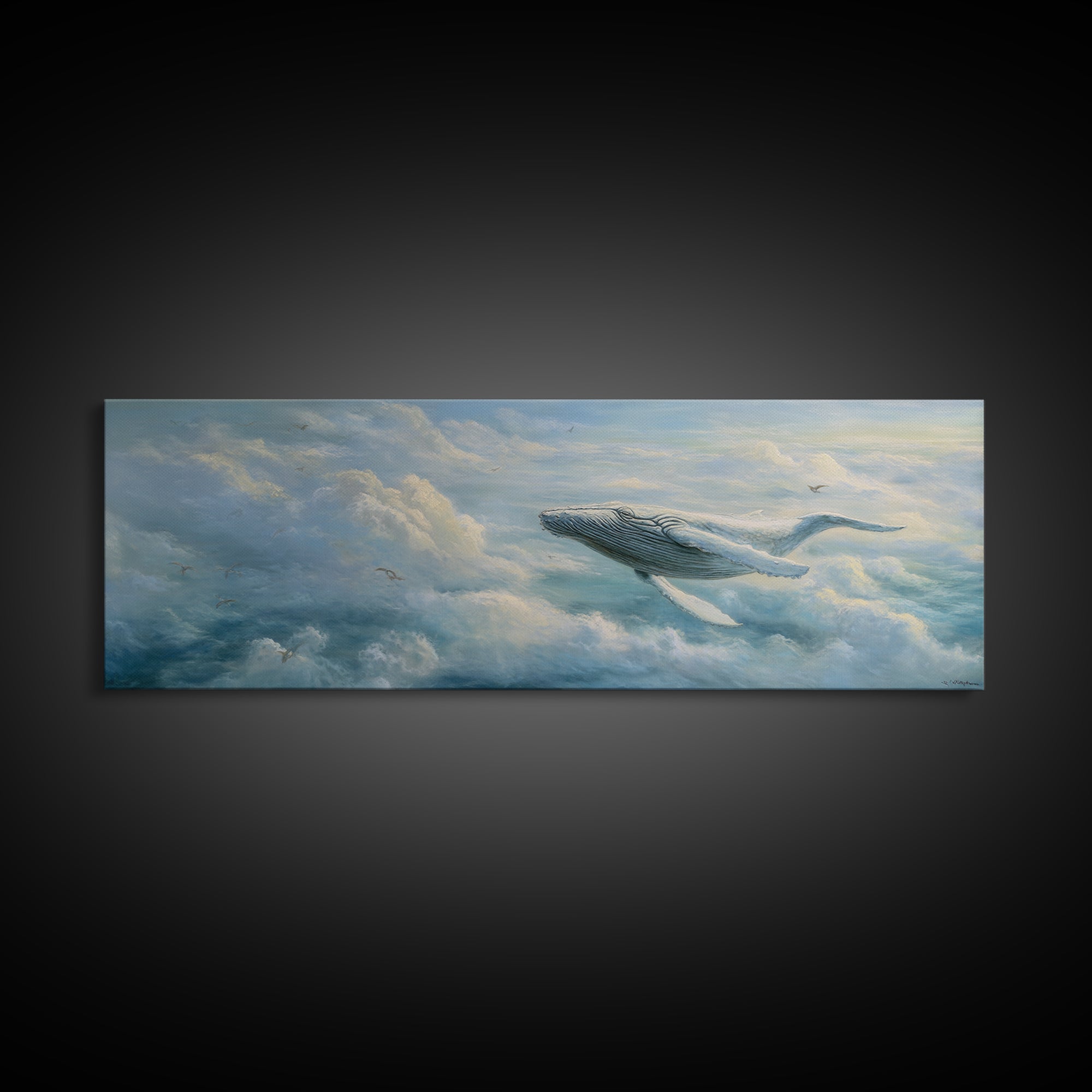 Whale Flying Through Clouds Like Ocean Framed Canvas Print, Whimsical Art, Nursery Art, Living Room Decor, Oil Painting, Wonder, WHI-3x1-53