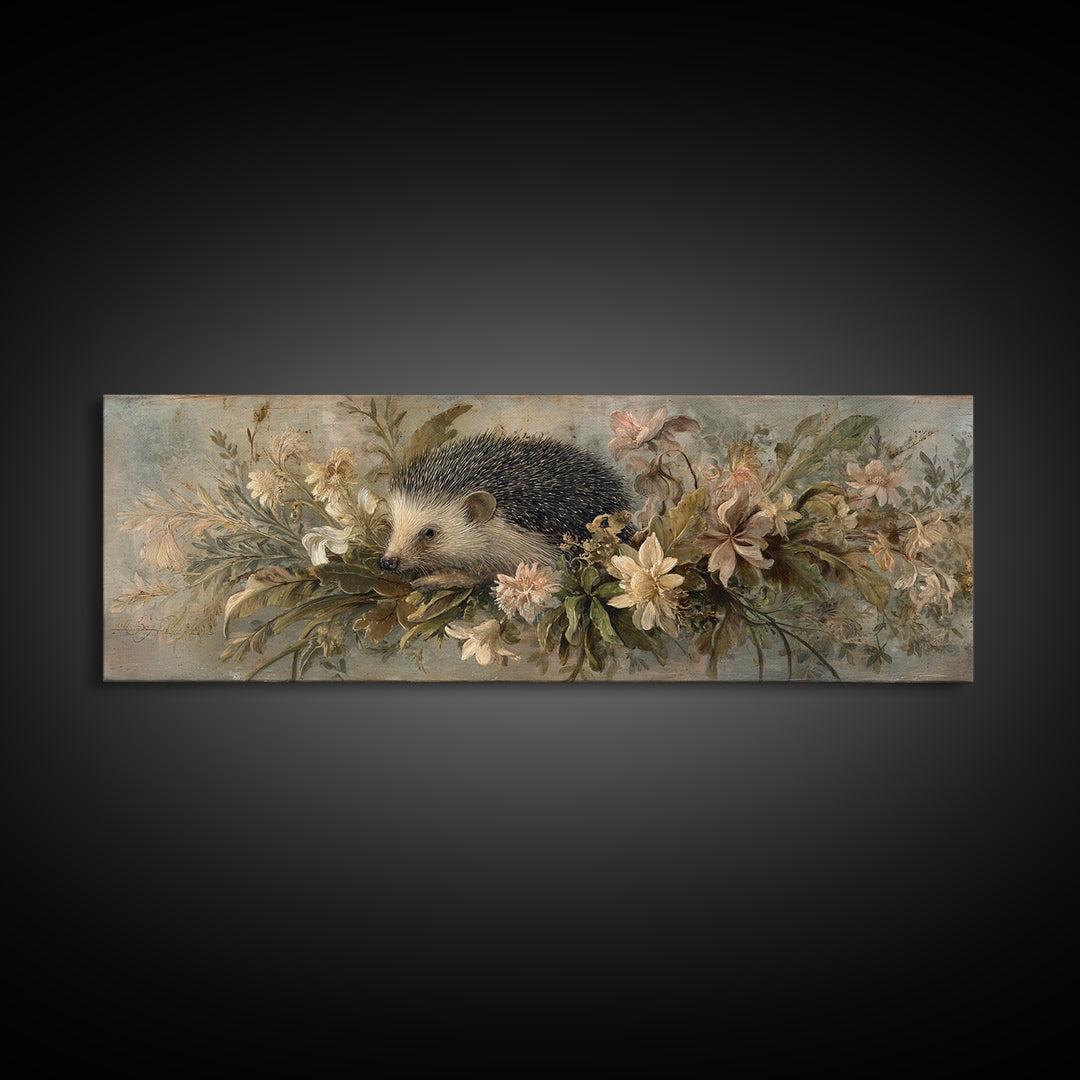 Hedgehog Carrying Wildflowers Framed Canvas Print, Whimsical Art, Prints, Living Room Decor, Oil Painting, Wonder, WHI-3x1-55