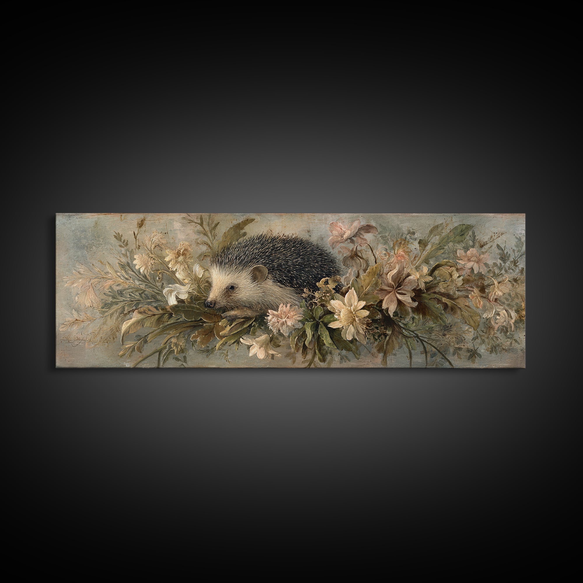Hedgehog Carrying Wildflowers Framed Canvas Print, Whimsical Art, Prints, Living Room Decor, Oil Painting, Wonder, WHI-3x1-55