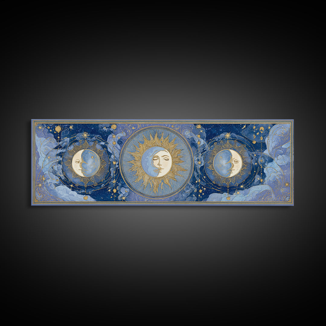 Moon with Sleeping Face and Dangling Stars Framed Canvas Print, Whimsical Art, Minimalist Decor, Living Room Decor, Wonder, WHI-3x1-56