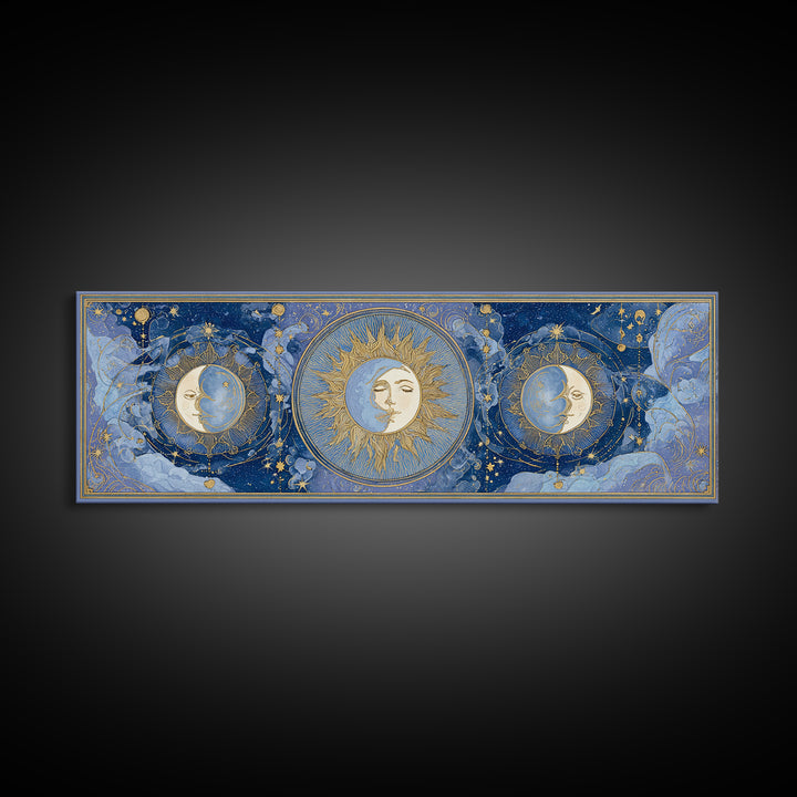 Moon with Sleeping Face and Dangling Stars Framed Canvas Print, Whimsical Art, Minimalist Decor, Living Room Decor, Wonder, WHI-3x1-56