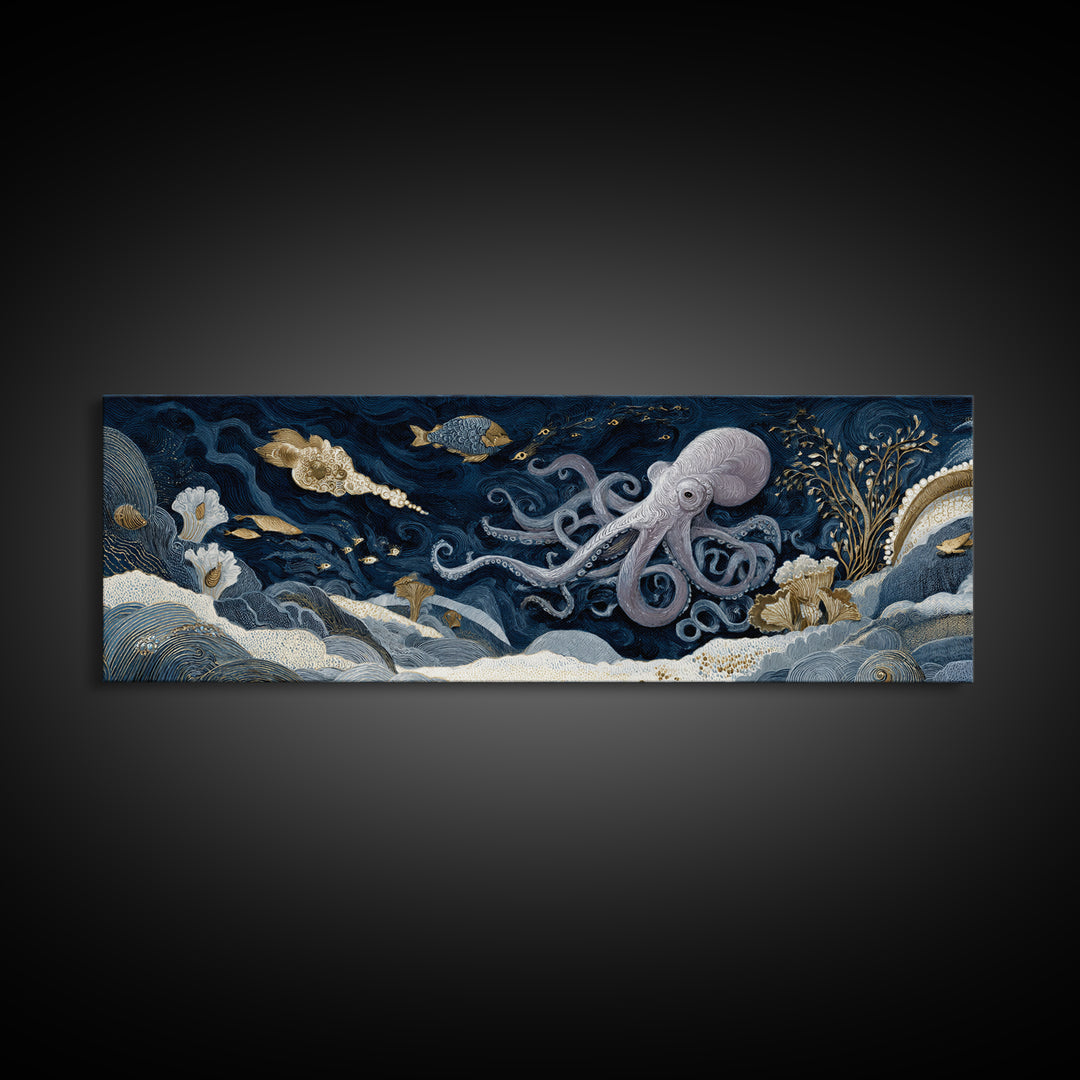 Octopus Conductor with Tiny Instruments Framed Canvas Print, Whimsical Art, Nursery, Living Room Decor, Fine Art, Wonder, WHI-3x1-58