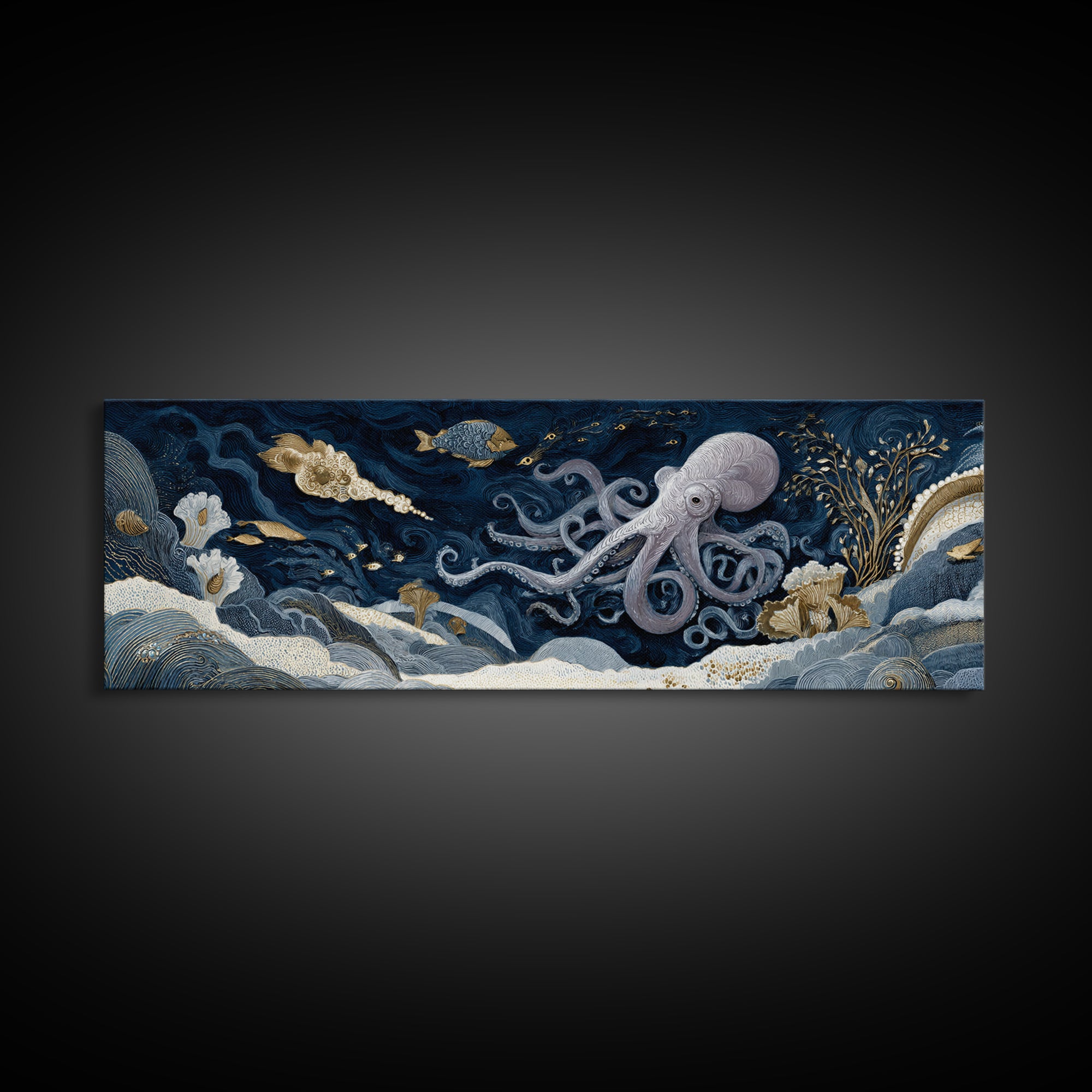 Octopus Conductor with Tiny Instruments Framed Canvas Print, Whimsical Art, Nursery, Living Room Decor, Fine Art, Wonder, WHI-3x1-58