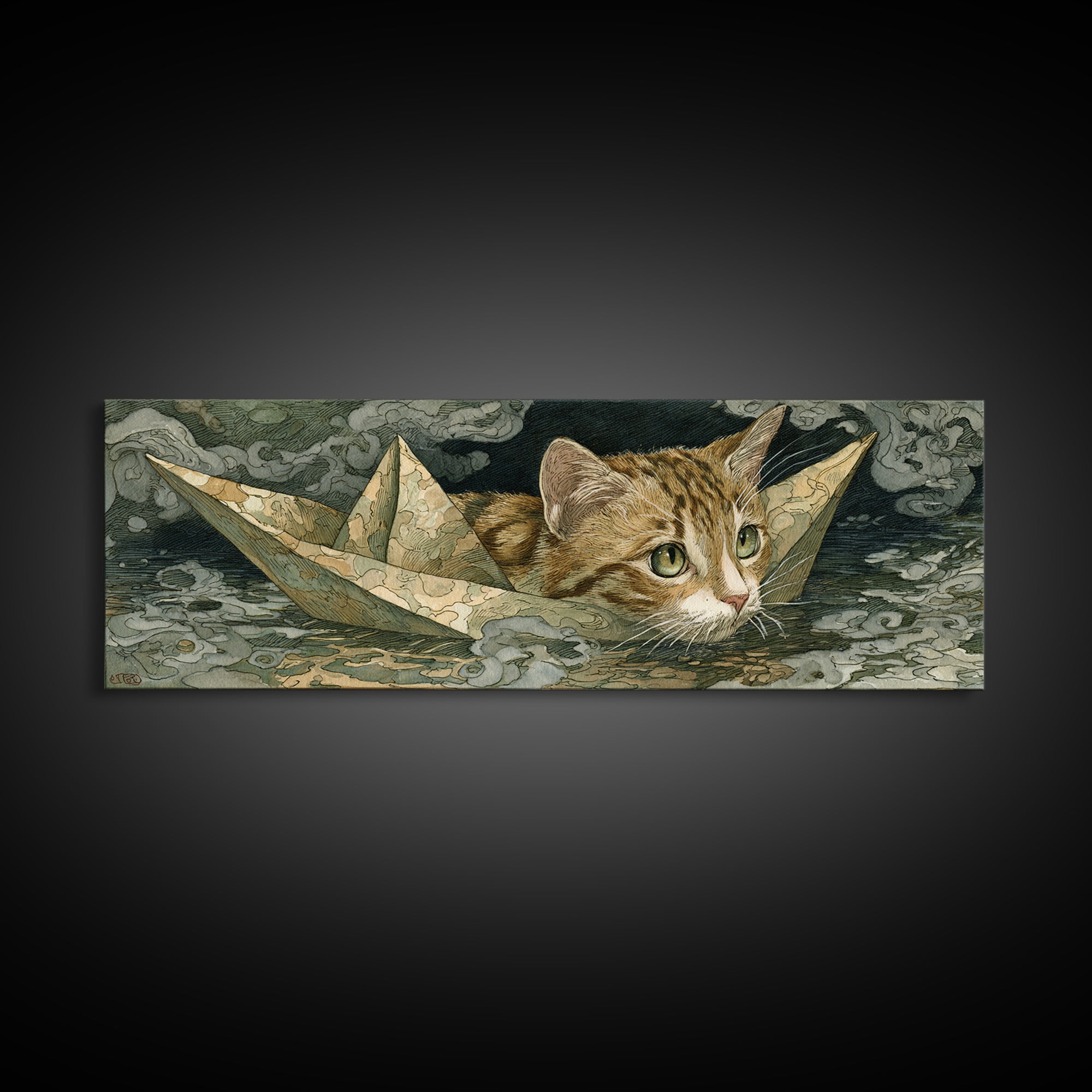 Cat Sailing a Paper Boat Canvas Print, Whimsical Art, Abstract Wall Art, Living Room Decor, Fine Art, Wonder, Neutral Decor, WHI-3x1-66
