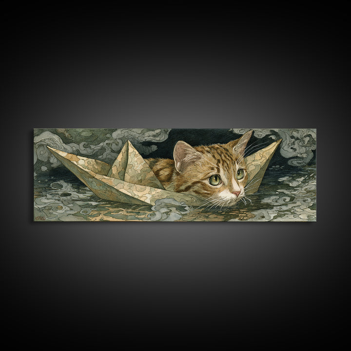 Cat Sailing a Paper Boat Canvas Print, Whimsical Art, Abstract Wall Art, Living Room Decor, Fine Art, Wonder, Neutral Decor, WHI-3x1-66