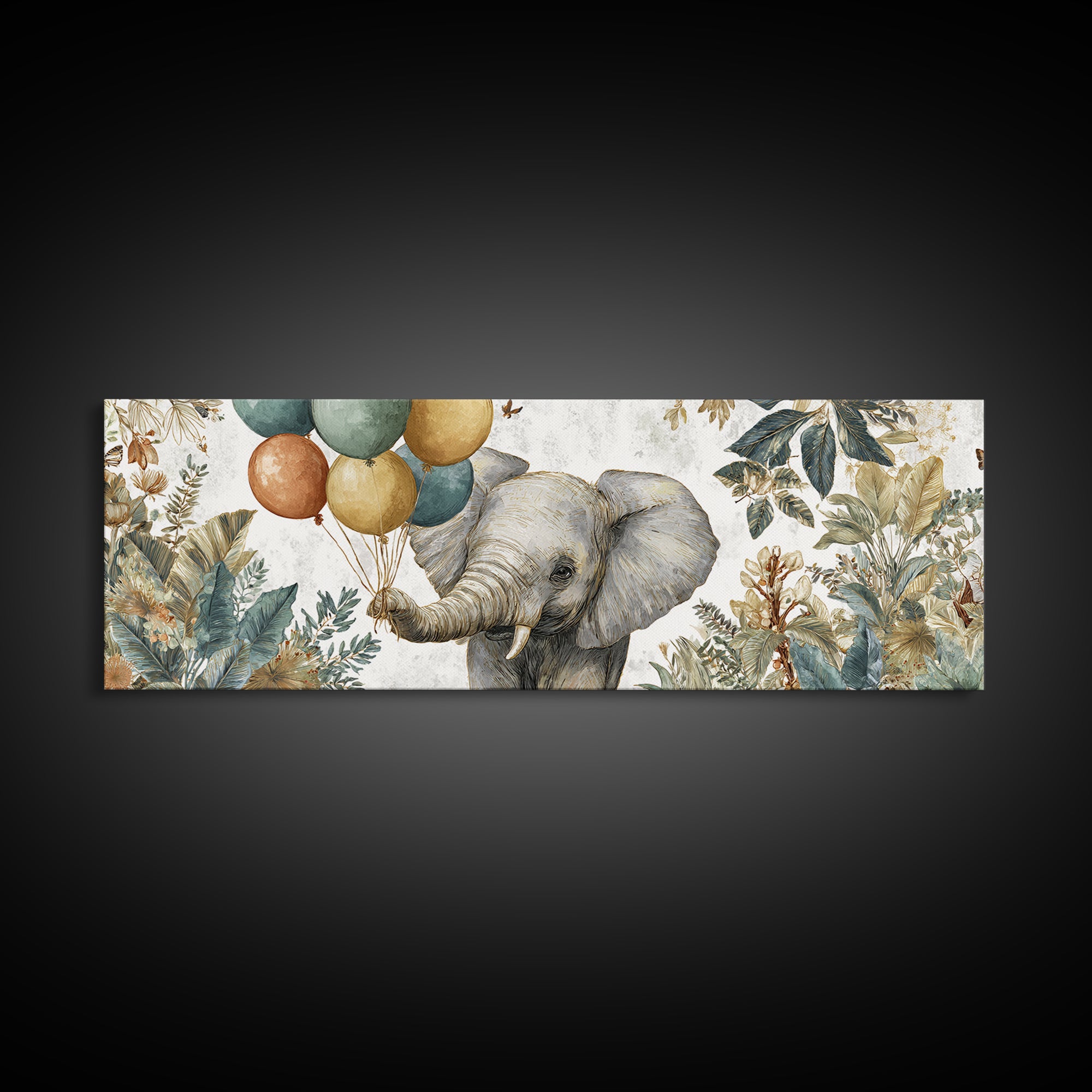 Elephant Holding Balloons Framed Canvas Print, Whimsical Art, Art Nouveau, Living Room Decor, Abstract Art, Wonder, WHI-3x1-67
