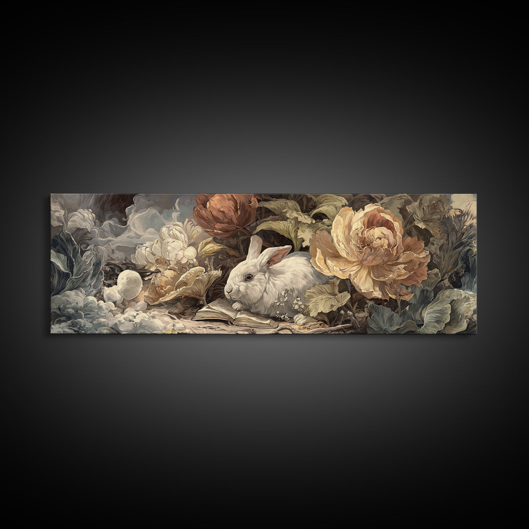 Rabbit Reading Beneath a Giant Flower Framed Canvas Print, Whimsical Art, Gallery Decor, Living Room Decor, Fine Art, Wonder, WHI-3x1-69