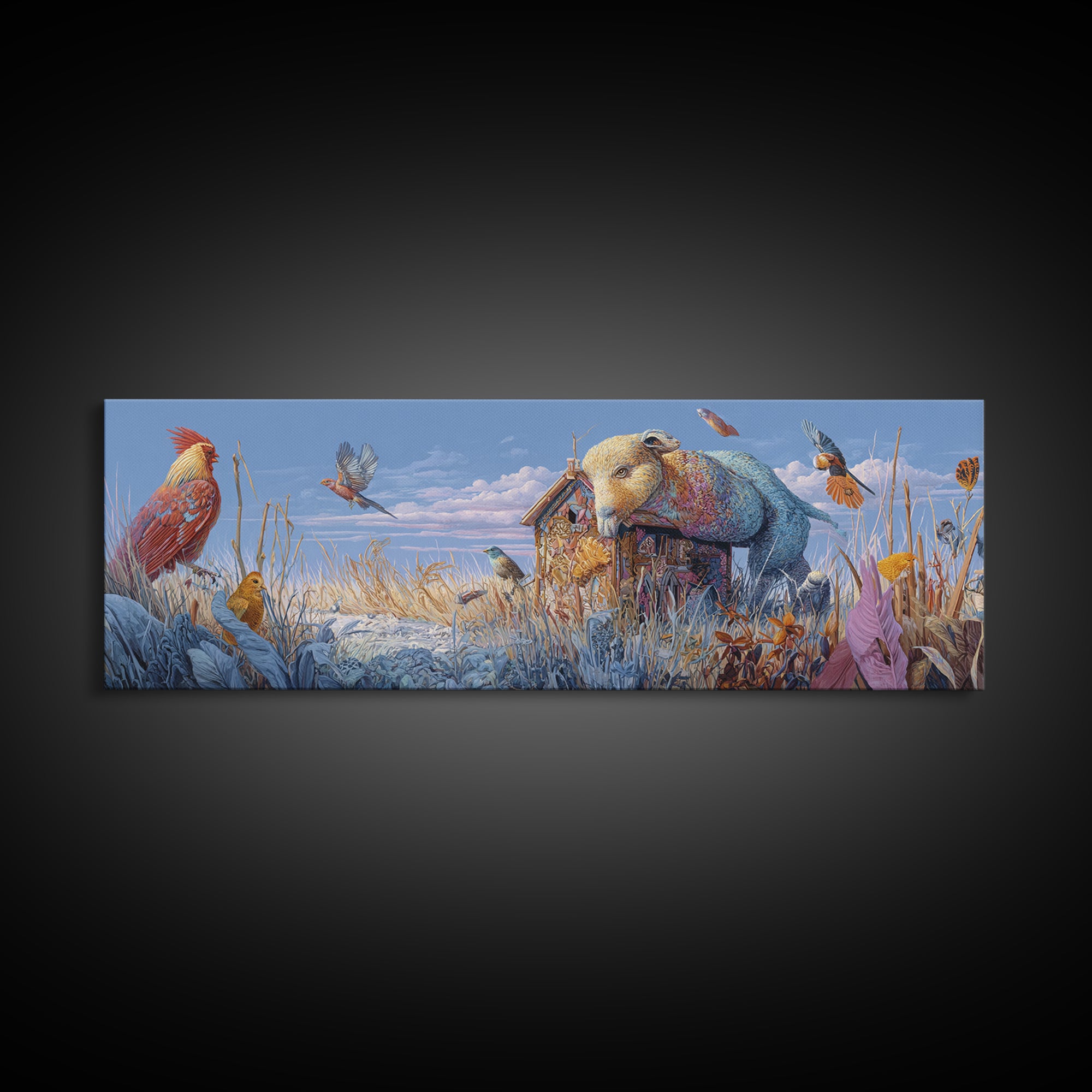 Floating House Carried by Colorful Birds Canvas Print, Whimsical Art, Framed Wall Art, Living Room Decor, Fine Art, Wonder, WHI-3x1-71