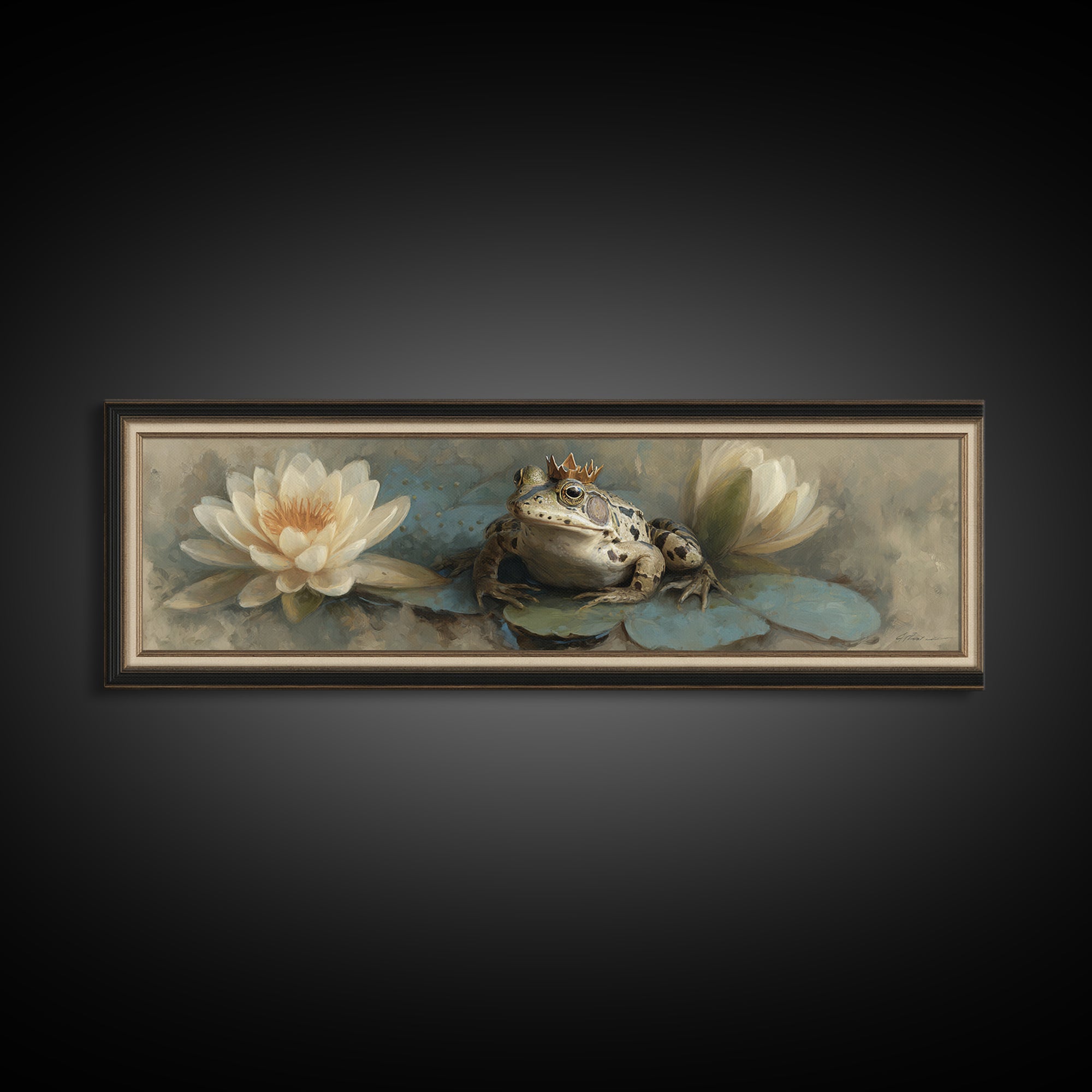 Frog Prince on a Lily Pad Framed Canvas Print, Whimsical Art, Wall Decor, Living Room Decor, Fine Art, Wonder, Printable Art, WHI-3x1-72