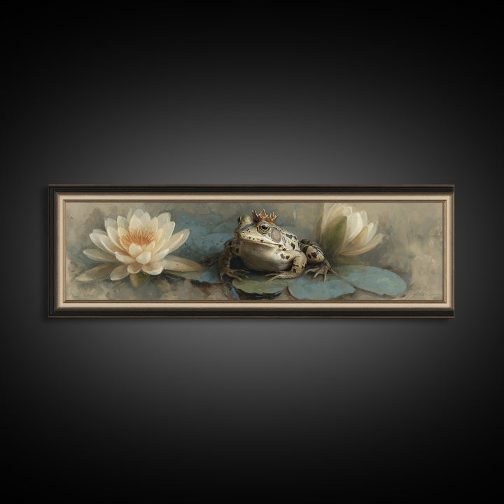 Frog Prince on a Lily Pad Framed Canvas Print, Whimsical Art, Wall Decor, Living Room Decor, Fine Art, Wonder, Printable Art, WHI-3x1-72