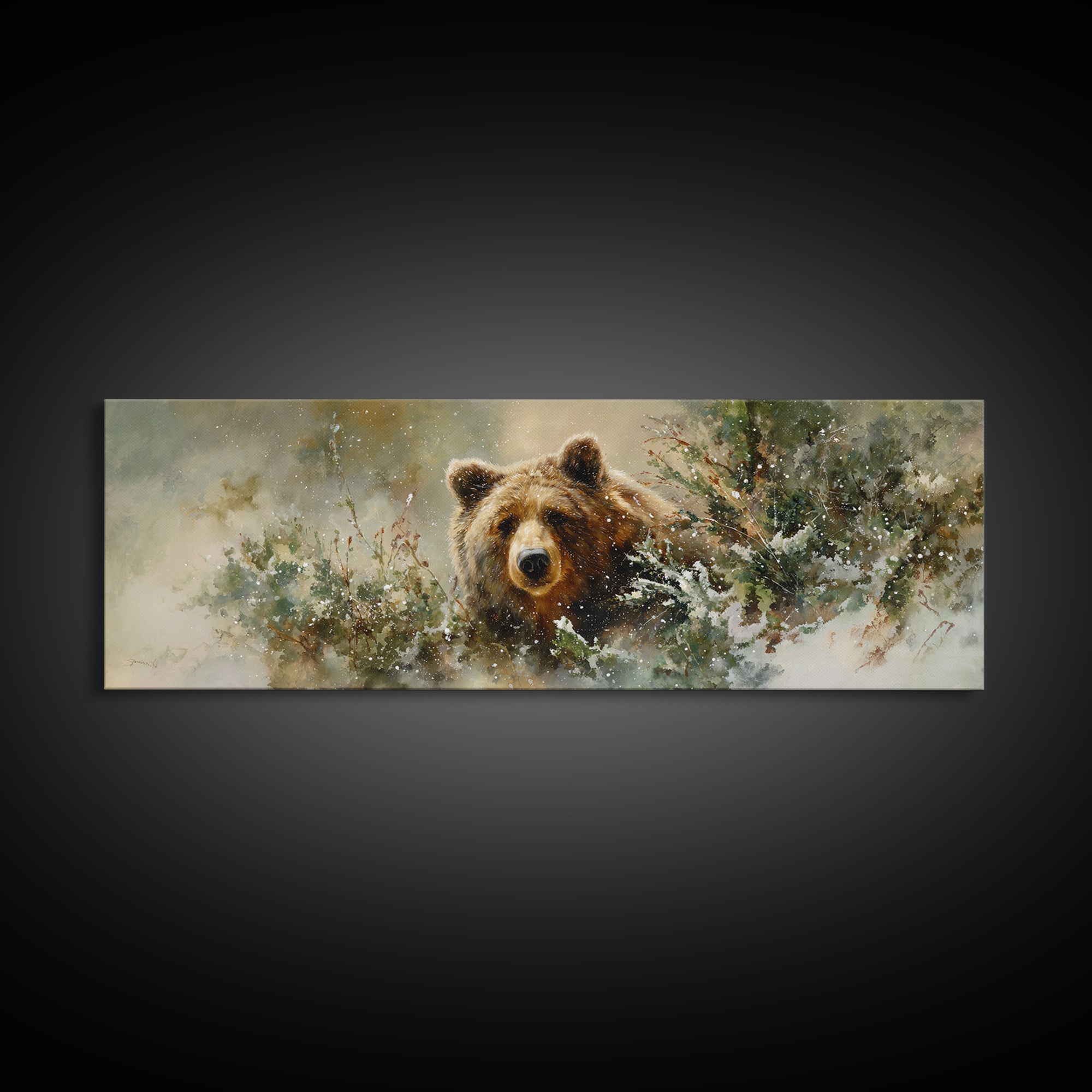 Bear Painting Stars Onto the Night Sky Framed Canvas Print, Whimsical Art, Neutral Decor, Living Room Decor, Fine Art, Wonder, WHI-3x1-73