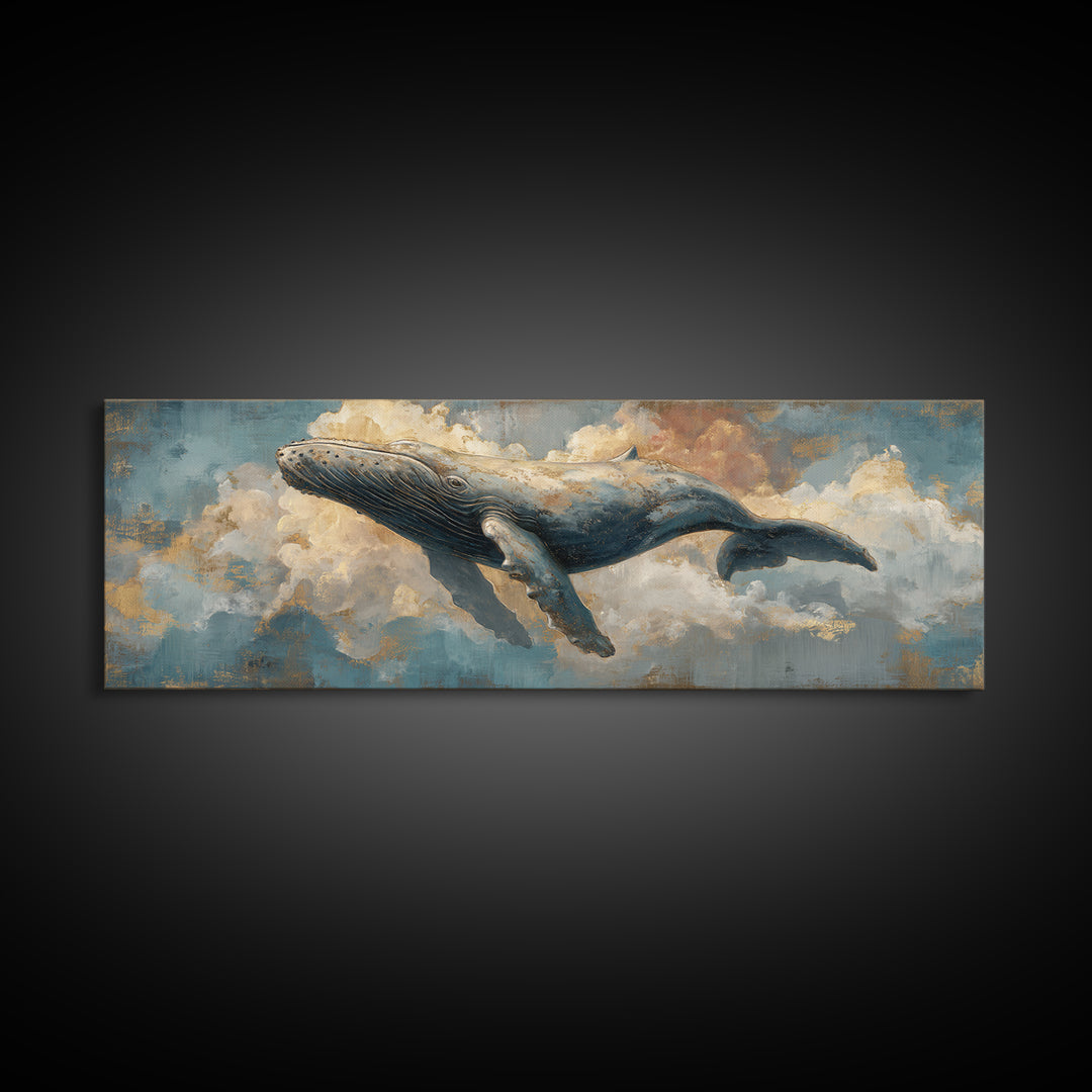 Whale Flying Through Clouds Like Ocean Framed Canvas Print, Whimsical Art, Nursery Art, Living Room Decor, Oil Painting, Wonder, WHI-3x1-77