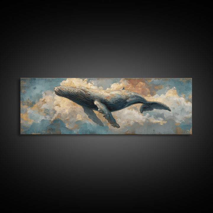 Whale Flying Through Clouds Like Ocean Framed Canvas Print, Whimsical Art, Nursery Art, Living Room Decor, Oil Painting, Wonder, WHI-3x1-77