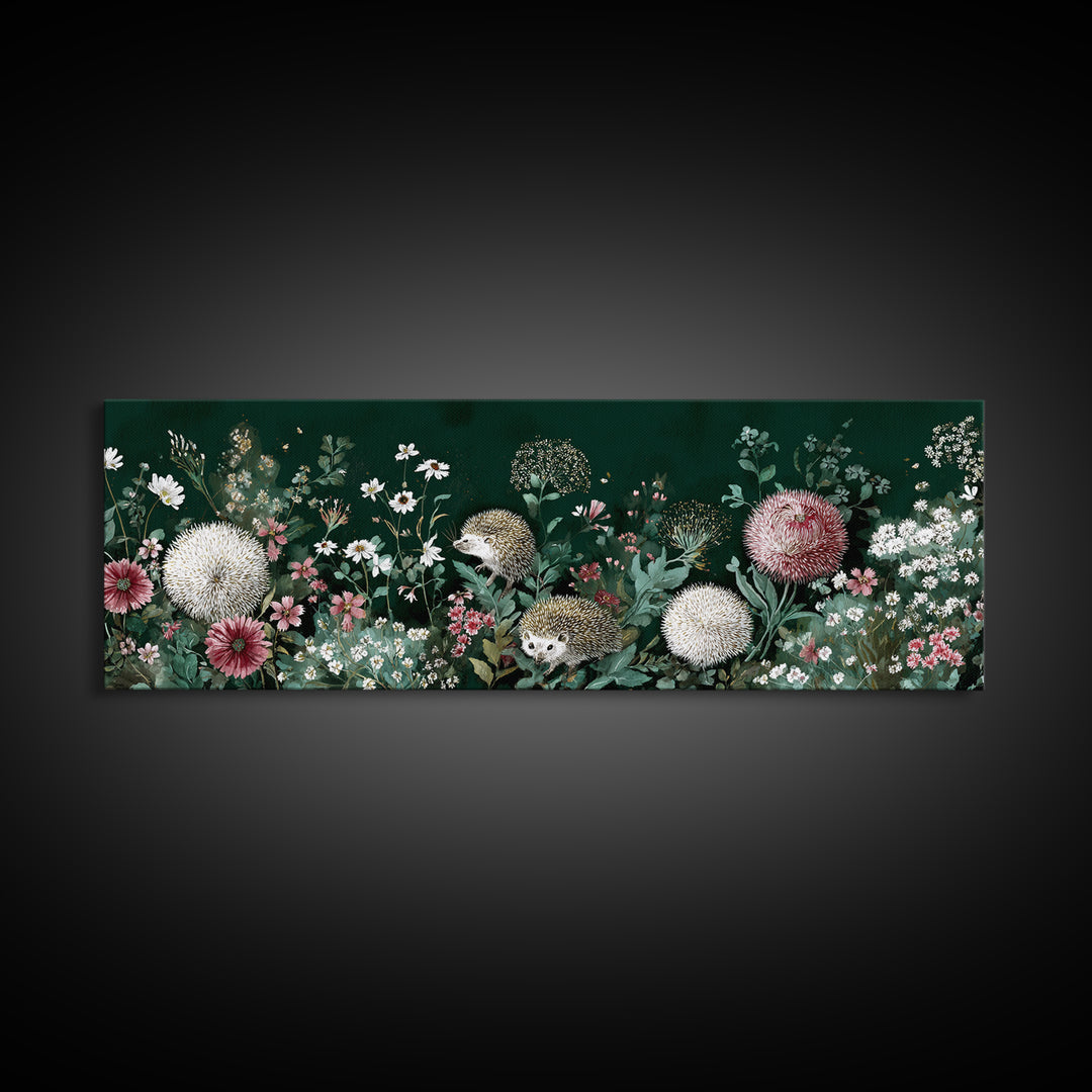 Hedgehog Carrying Wildflowers Framed Canvas Print, Whimsical Art, Whimsical, Living Room Decor, Watercolor Art, Wonder, WHI-3x1-79