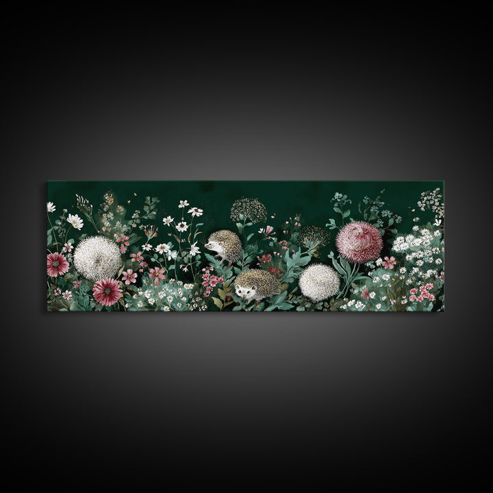 Hedgehog Carrying Wildflowers Framed Canvas Print, Whimsical Art, Whimsical, Living Room Decor, Watercolor Art, Wonder, WHI-3x1-79