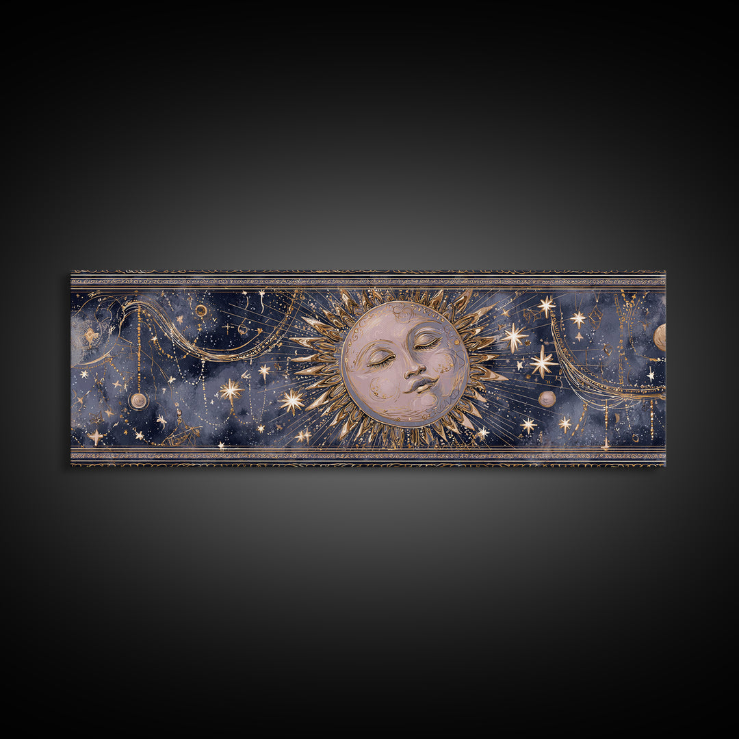 Moon with Sleeping Face and Dangling Stars Canvas Print, Whimsical Art, Nursery Wall Decor, Living Room Decor, Oil Painting, WHI-3x1-8