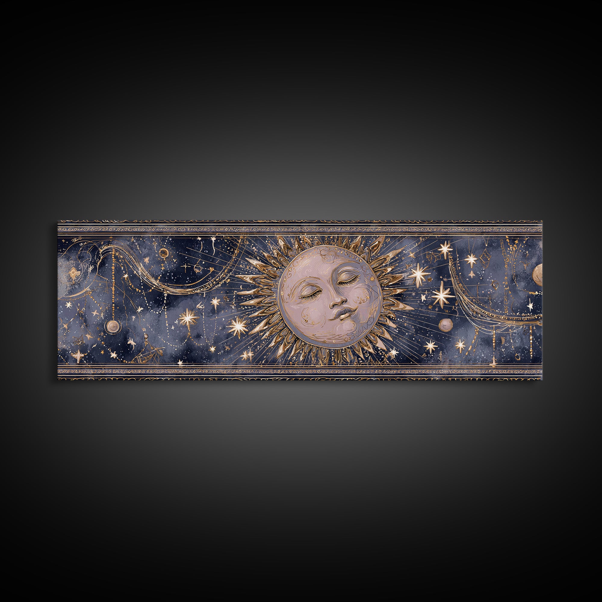 Moon with Sleeping Face and Dangling Stars Canvas Print, Whimsical Art, Nursery Wall Decor, Living Room Decor, Oil Painting, WHI-3x1-8