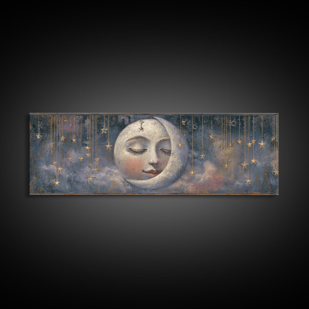 Moon with Sleeping Face and Dangling Stars Canvas Print, Whimsical Art, Art Print, Living Room Decor, Fine Art, Wonder, WHI-3x1-80