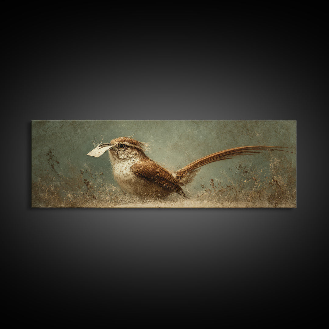 Bird Delivering a Tiny Love Letter Framed Canvas Print, Whimsical Art, Nursery Wall Art, Living Room Decor, Fine Art, Wonder, WHI-3x1-87