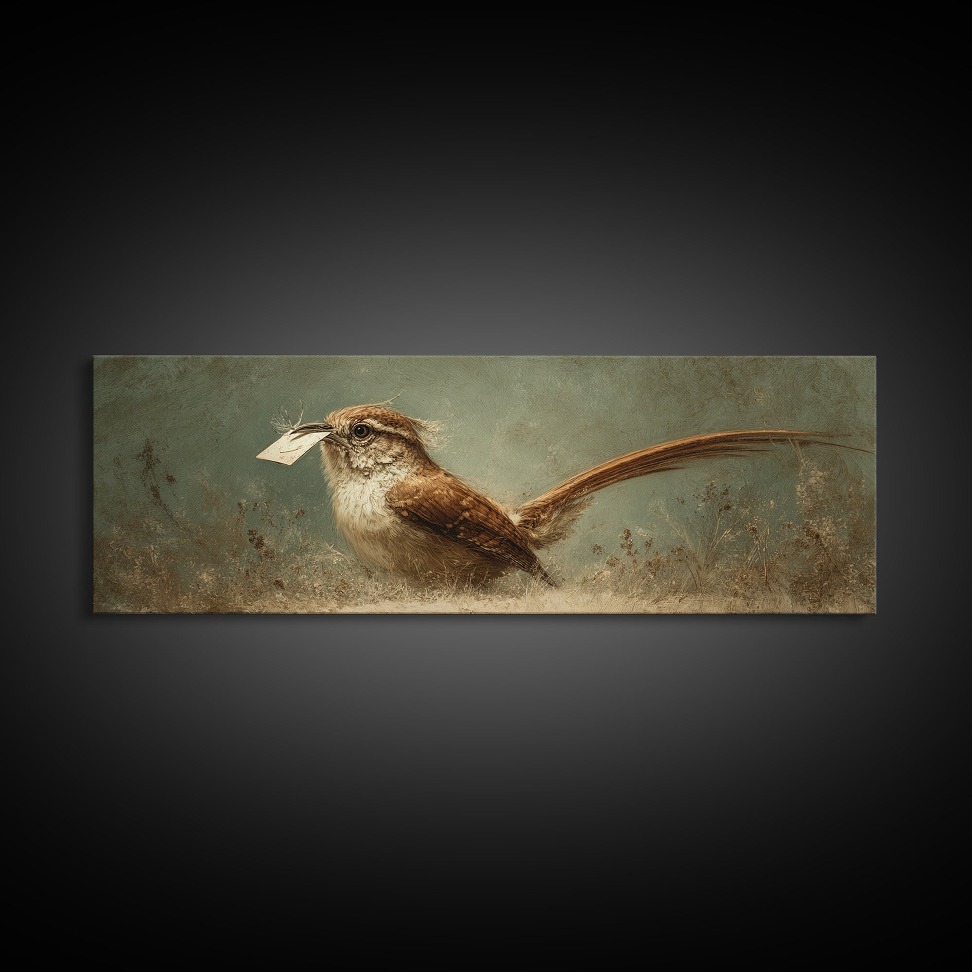Bird Delivering a Tiny Love Letter Framed Canvas Print, Whimsical Art, Nursery Wall Art, Living Room Decor, Fine Art, Wonder, WHI-3x1-87