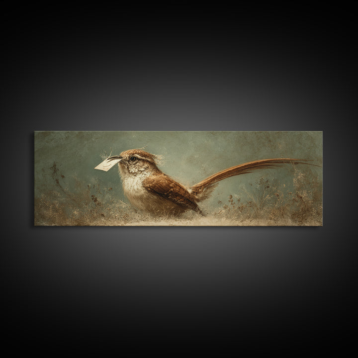 Bird Delivering a Tiny Love Letter Framed Canvas Print, Whimsical Art, Nursery Wall Art, Living Room Decor, Fine Art, Wonder, WHI-3x1-87