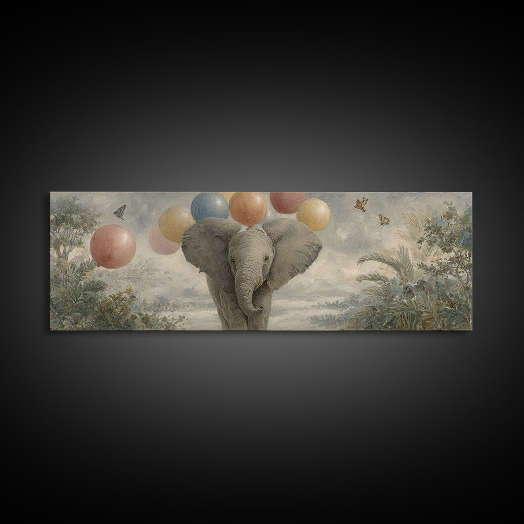 Elephant Holding Balloons Canvas Print, Whimsical Art, Pet Portrait, Living Room Decor, Fine Art, Wonder, Abstract Wall Art, WHI-3x1-91