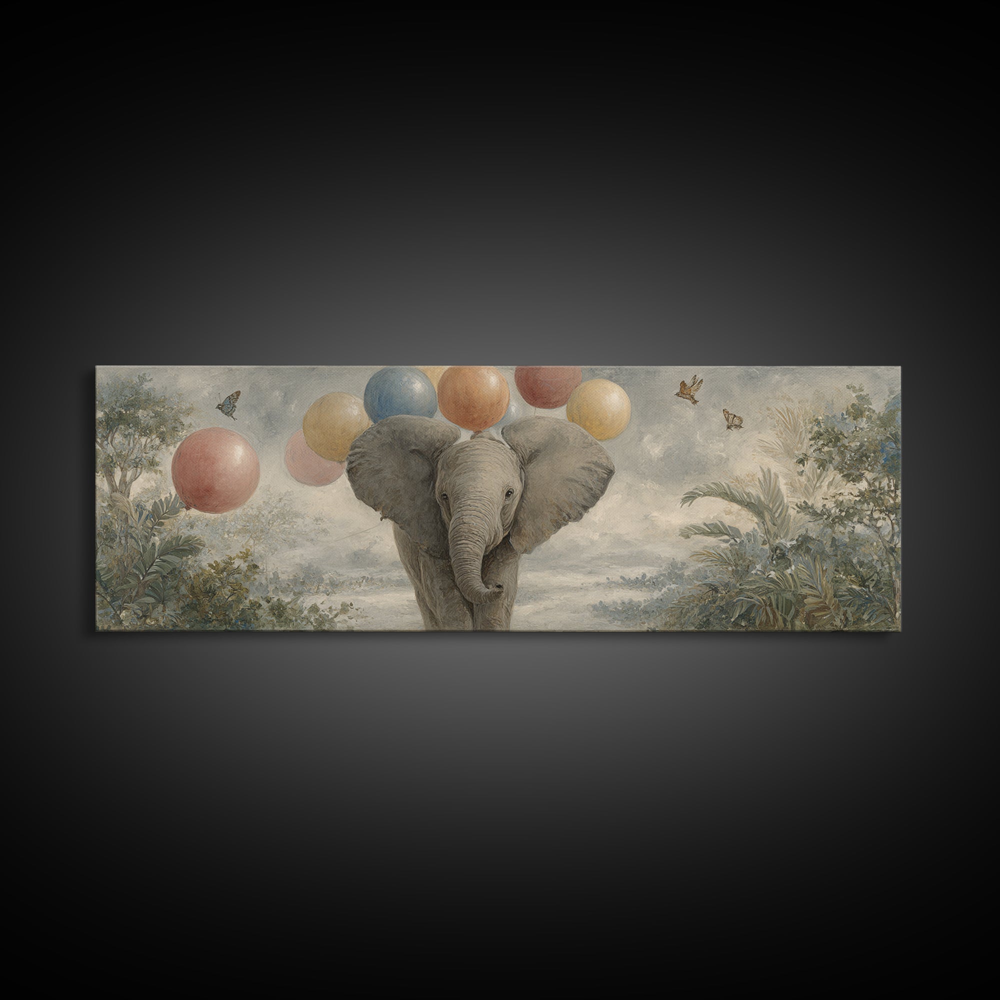 Elephant Holding Balloons Canvas Print, Whimsical Art, Pet Portrait, Living Room Decor, Fine Art, Wonder, Abstract Wall Art, WHI-3x1-91