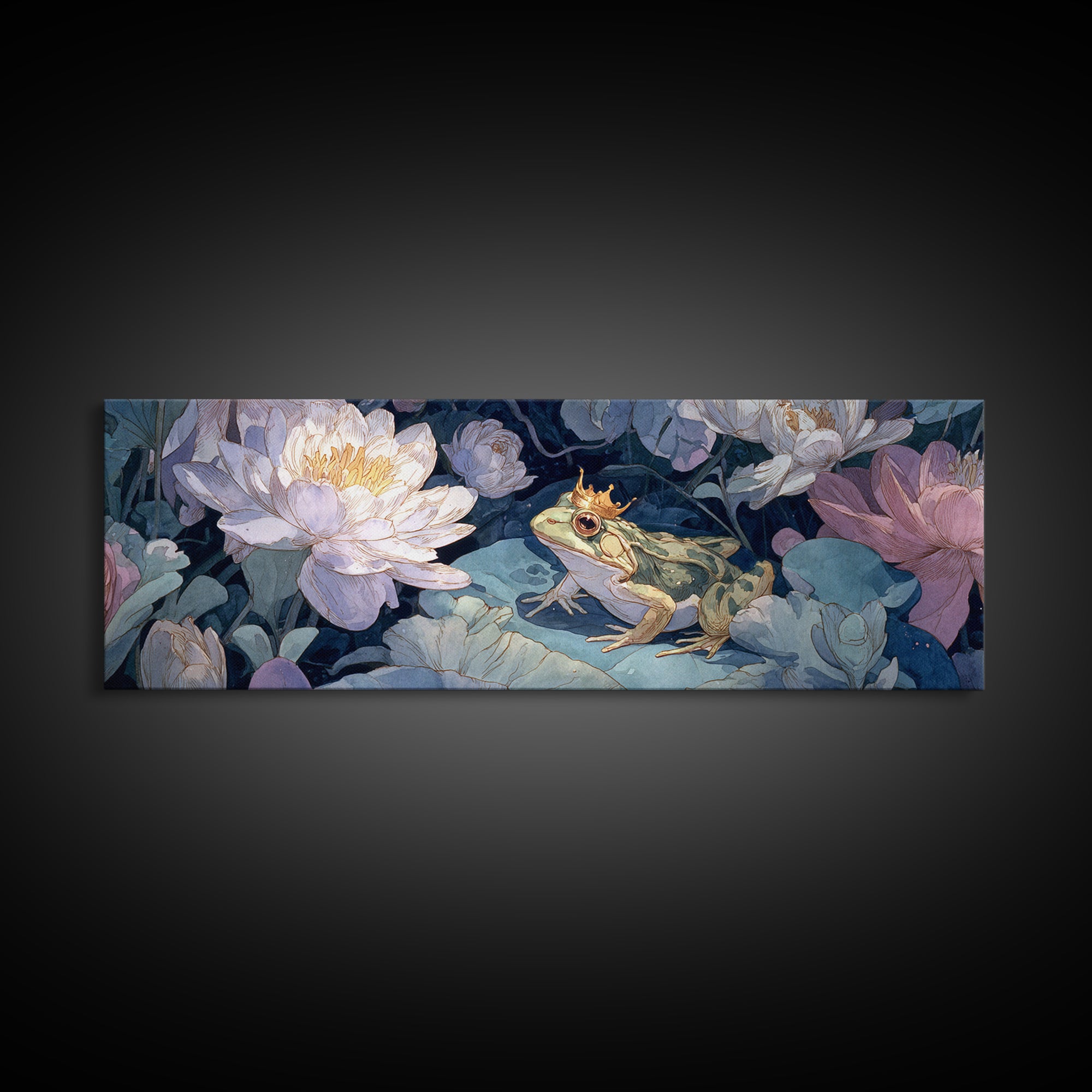 Frog Prince on a Lily Pad Canvas Print, Whimsical Art, Textured Painting, Living Room Decor, Fine Art, Wonder, Nursery Decor, WHI-3x1-96