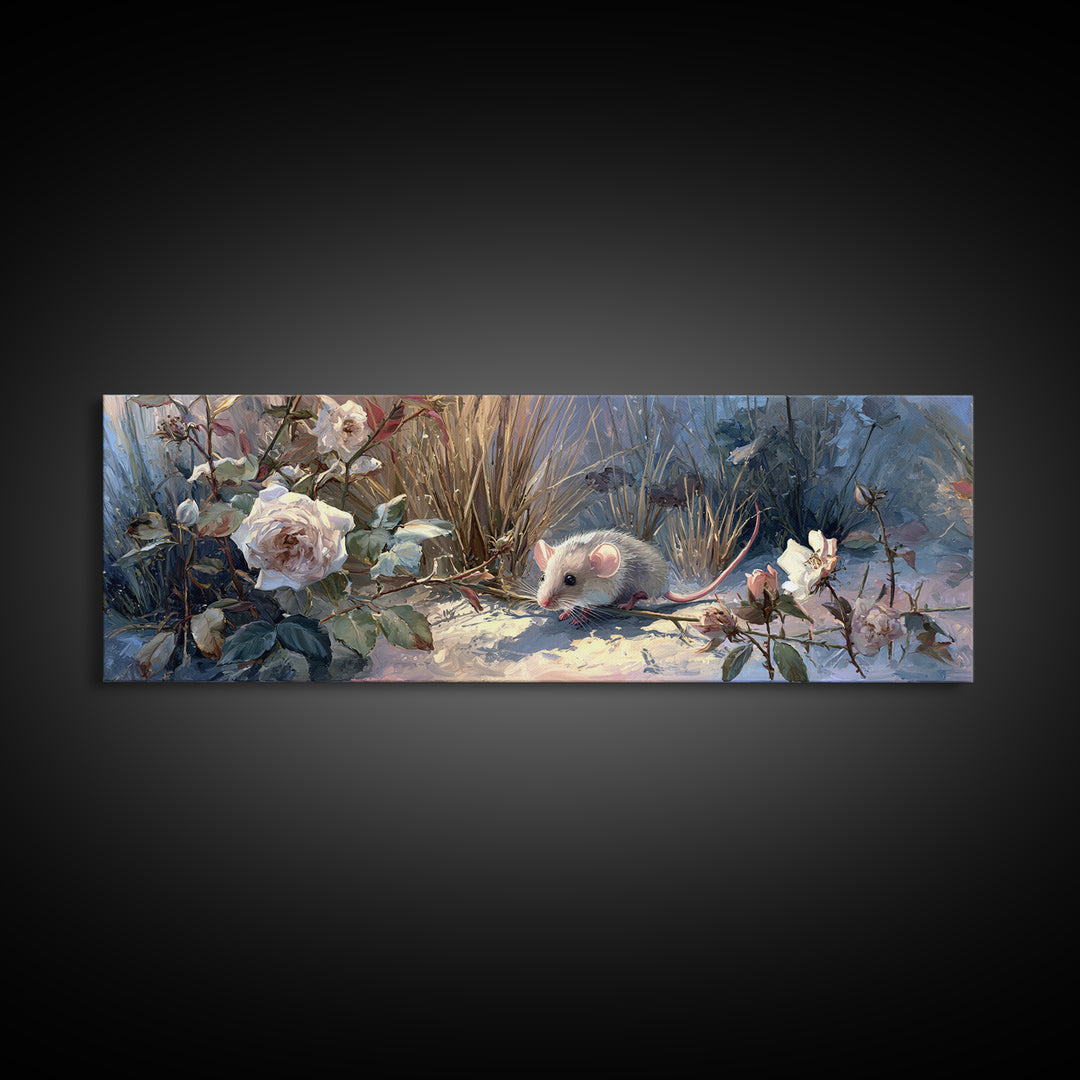 Mouse Ballerina in a Rose Garden Framed Canvas Print, Whimsical Art, Oil Painting, Living Room Decor, Wonder, WHI-3x1-99