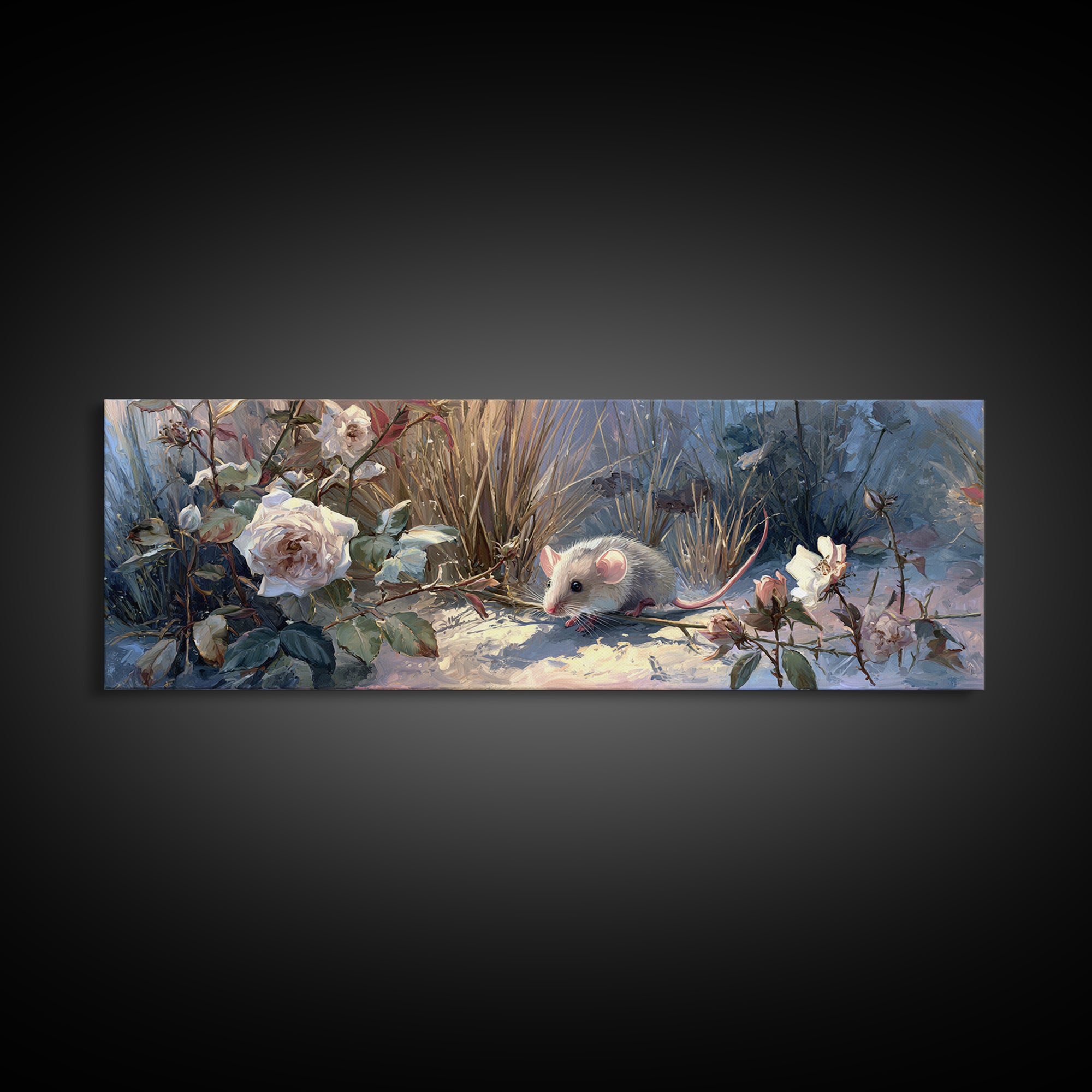 Mouse Ballerina in a Rose Garden Framed Canvas Print, Whimsical Art, Oil Painting, Living Room Decor, Wonder, WHI-3x1-99