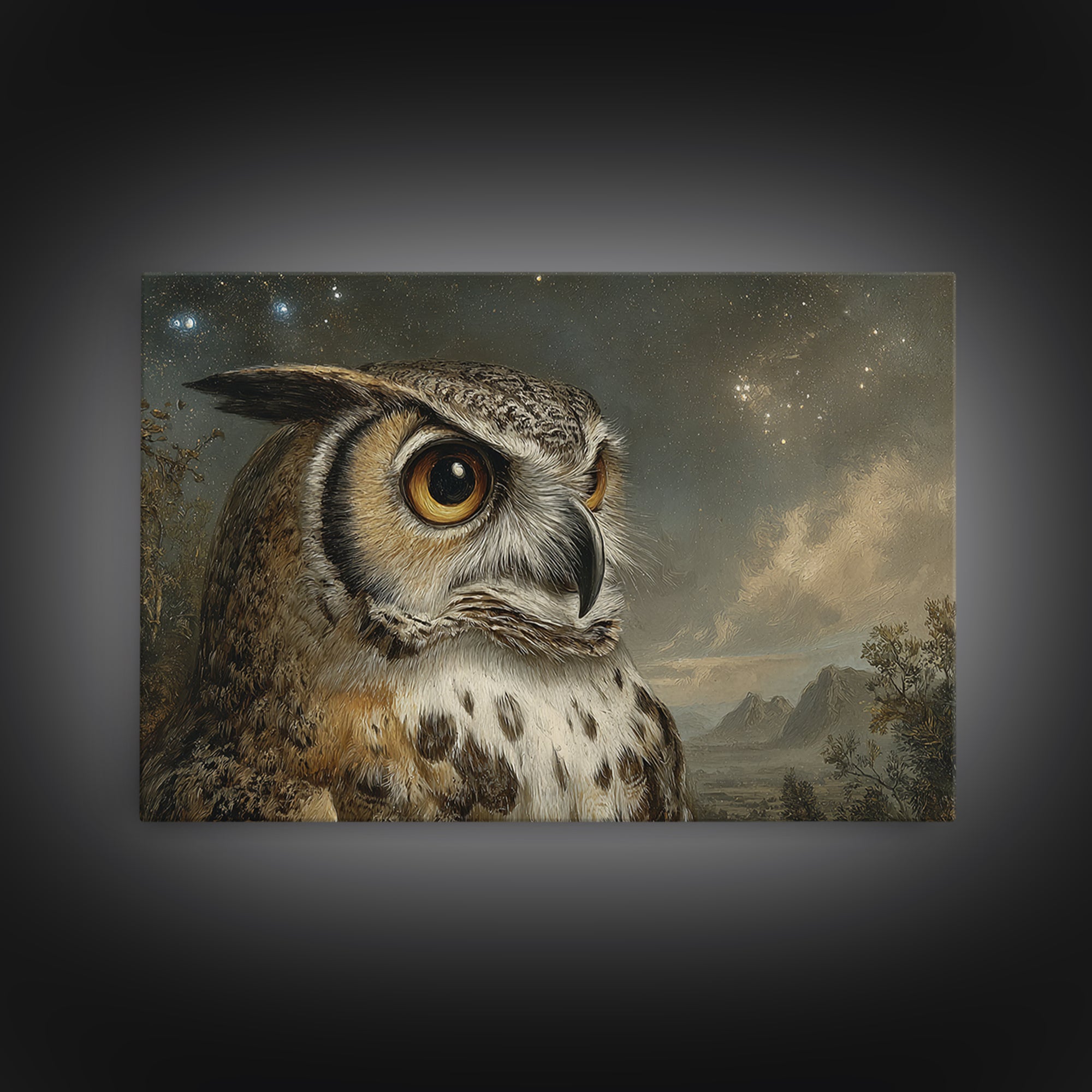 Owl Wearing Spectacles Among Stars Framed Canvas Print, Whimsical Art, Nursery, Living Room Decor, Wonder, Watercolor Art, WHI-3x2-10