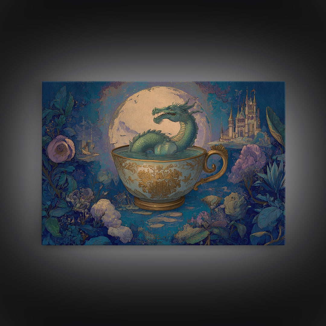 Dragon Curled Around a Teacup Framed Canvas Print, Whimsical Art, Wall Art, Living Room Decor, Oil Painting, Wonder, WHI-3x2-100