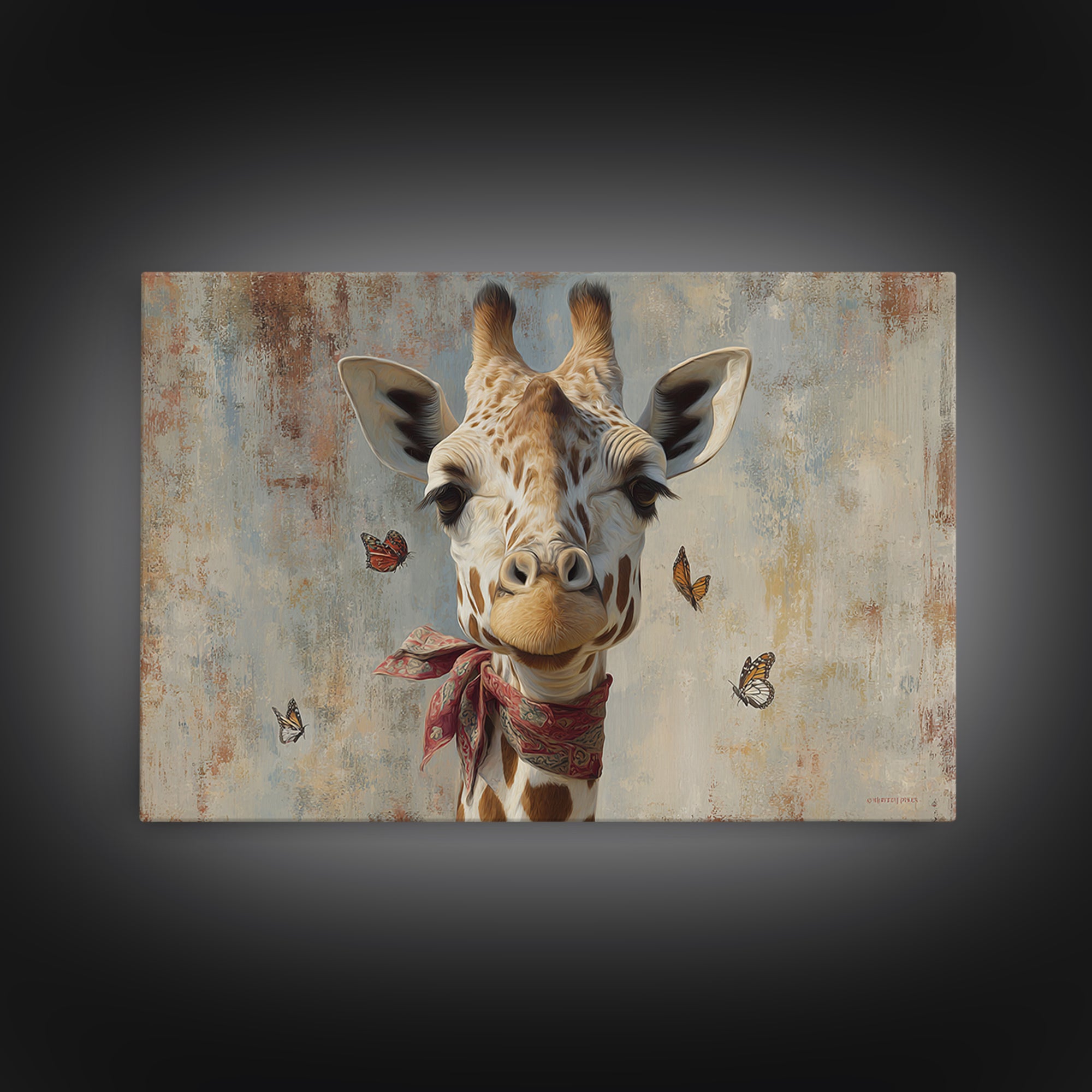 Giraffe with Scarf and Butterflies Framed Canvas Print, Whimsical Art, Framed Wall Art, Living Room Decor, Fine Art, Wonder, WHI-3x2-14